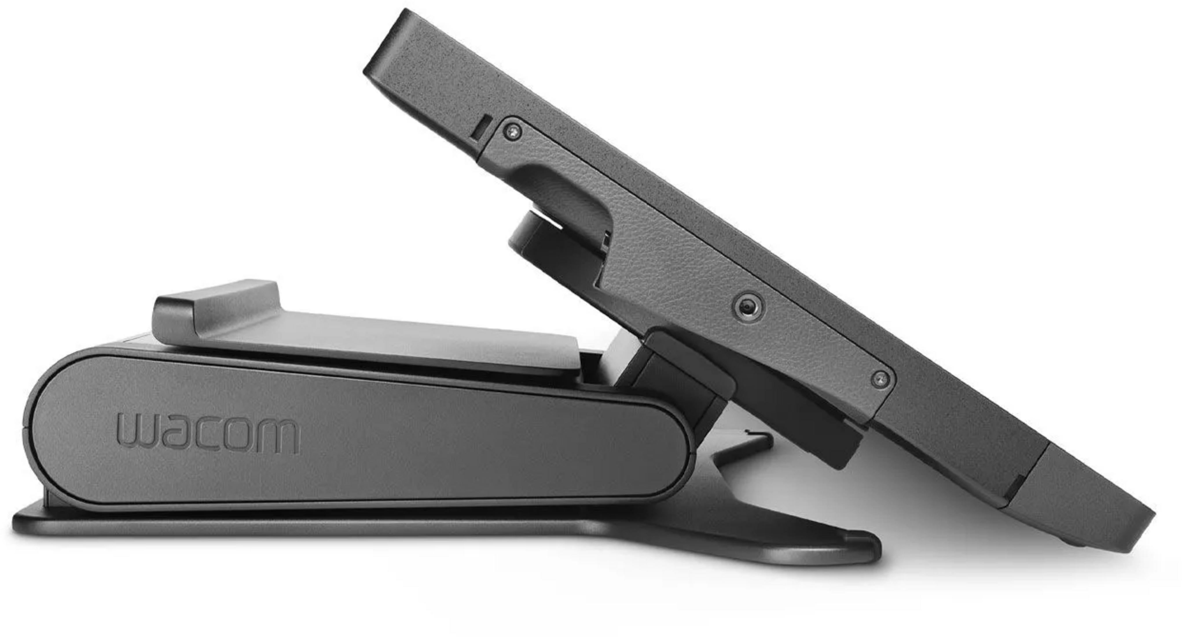 Un supporto Wacom nero per tavoletta grafica, visto di lato.