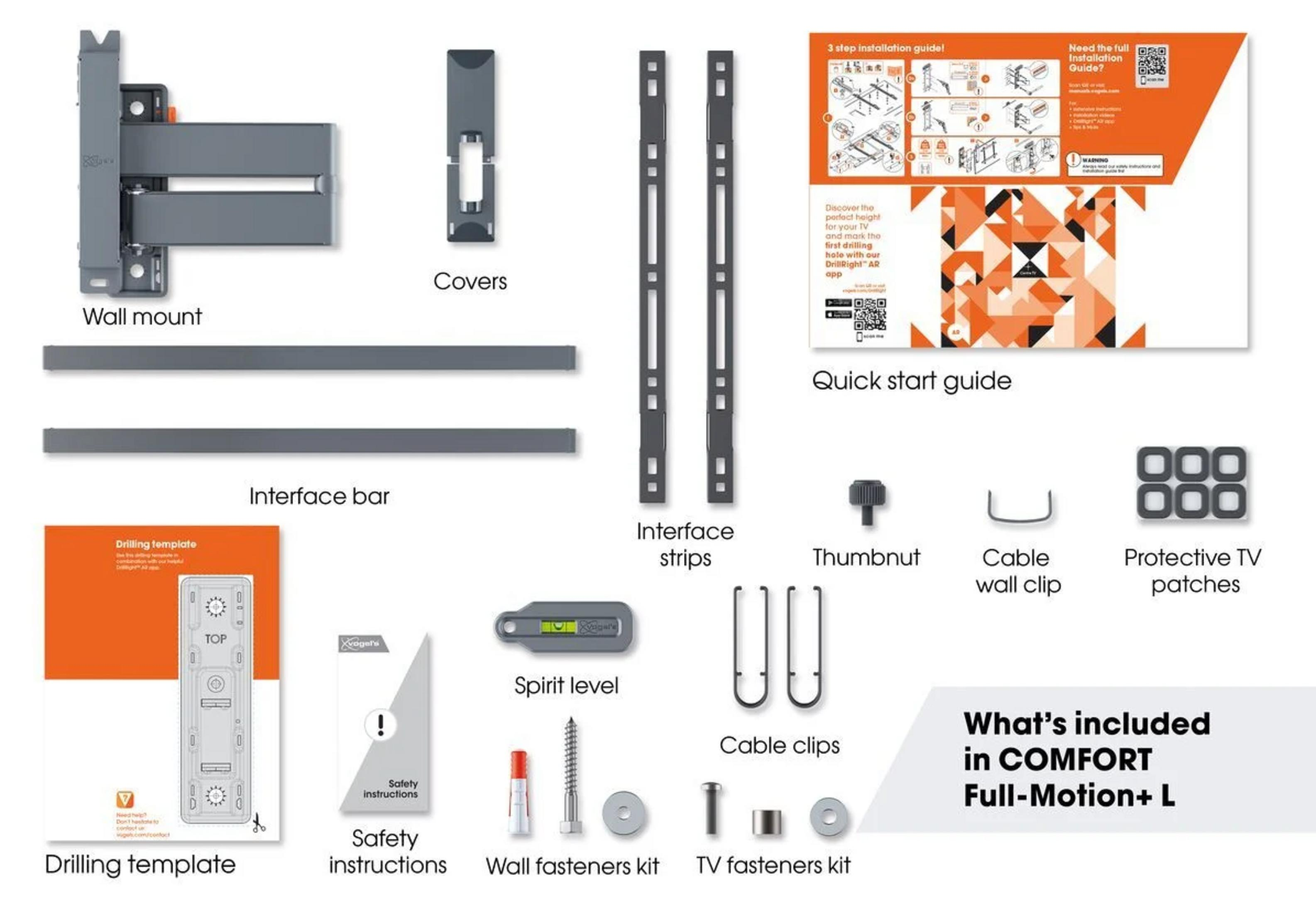Obraz pokazuje akcesoria uchwytu TV: uchwyt ścienny, paski interfejsu, szablon wiercenia, przewodnik.