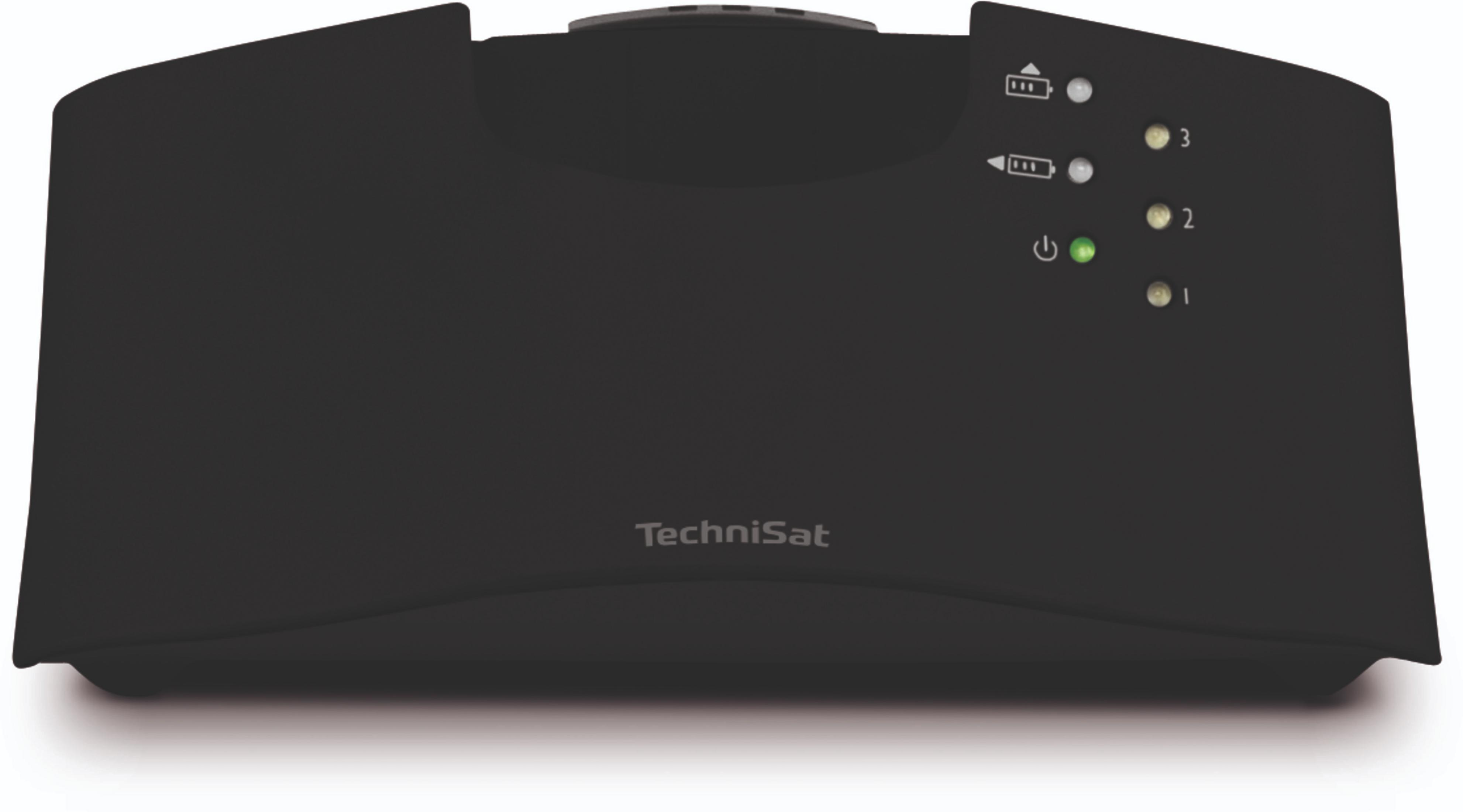 Czarny sprzęt TechniSat z podświetlanymi wskaźnikami i poziomami baterii.