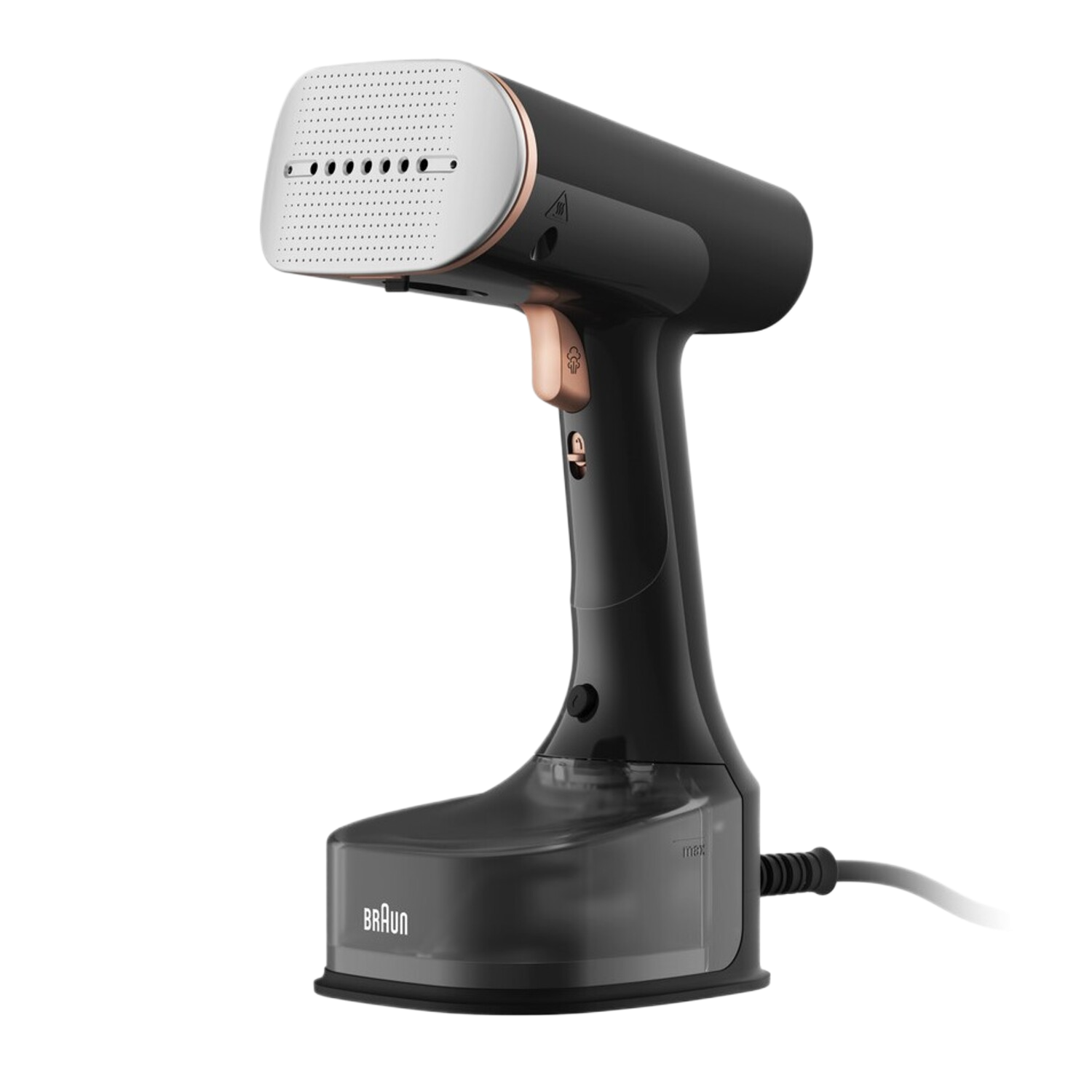 Czarny, ręczny parownica do ubrań z miedzianymi akcentami i przezroczystym zbiornikiem.