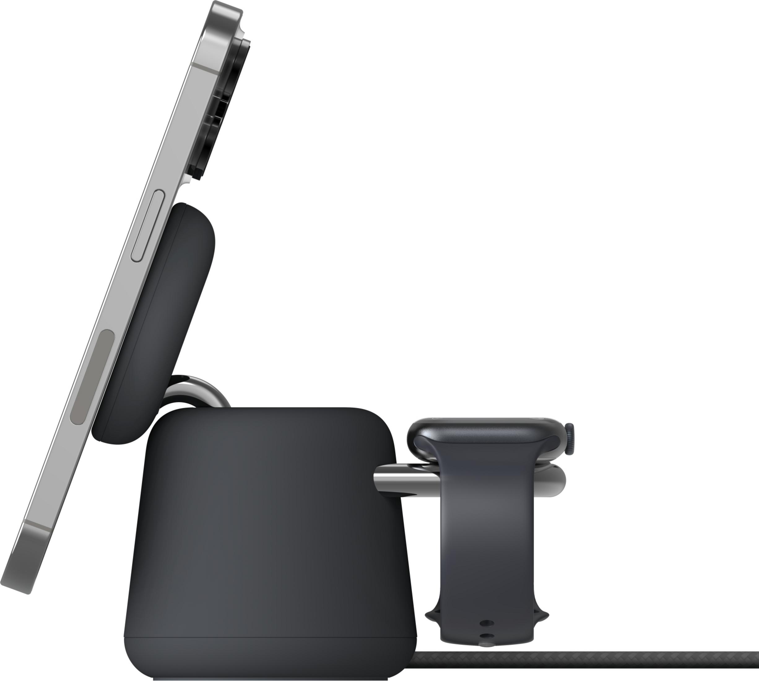 Un supporto di ricarica argentato per iPhone e Apple Watch nero con cavo nero.