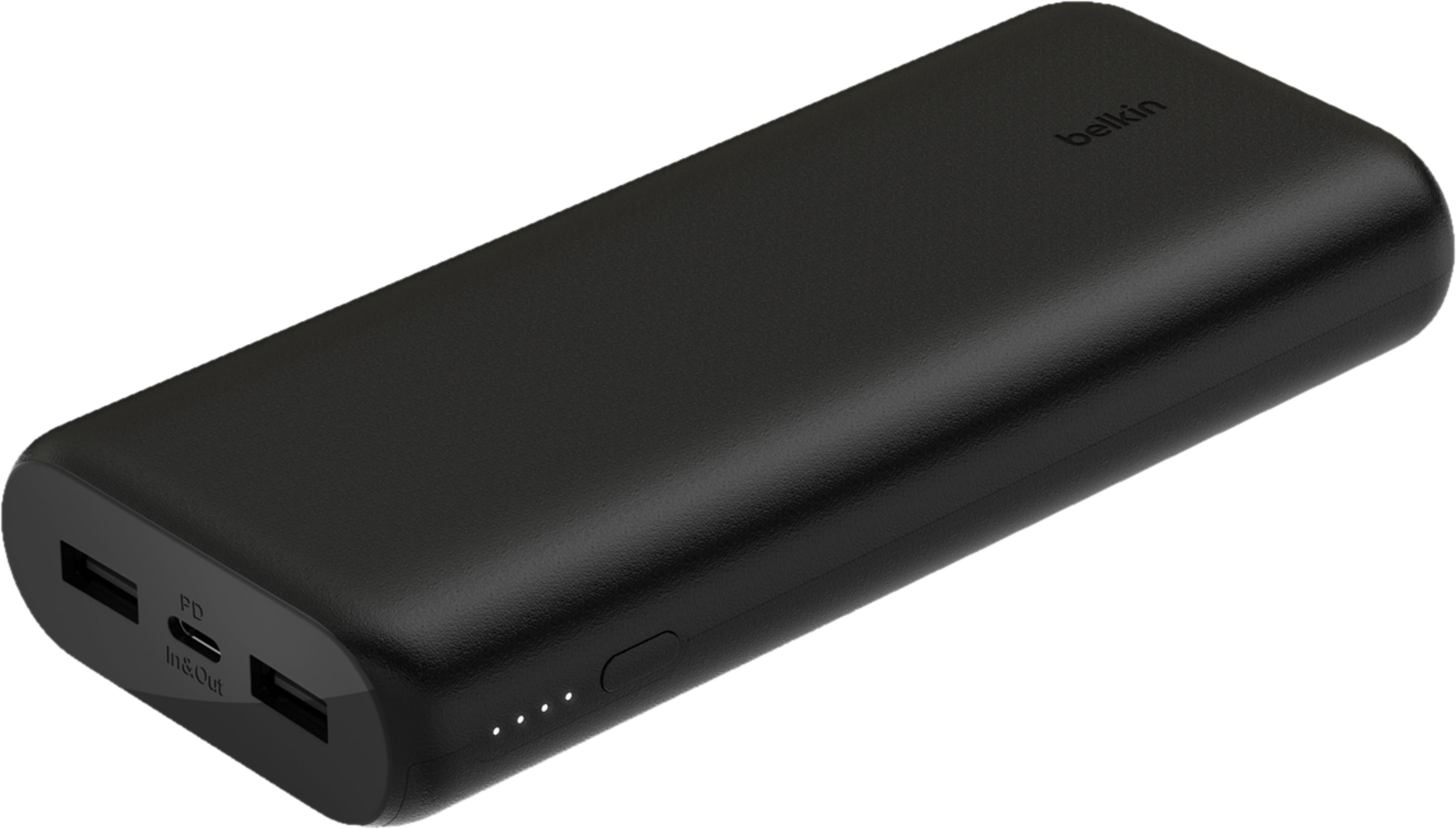 Power bank Belkin nero con porte USB-C PD e USB-A. Quattro spie.