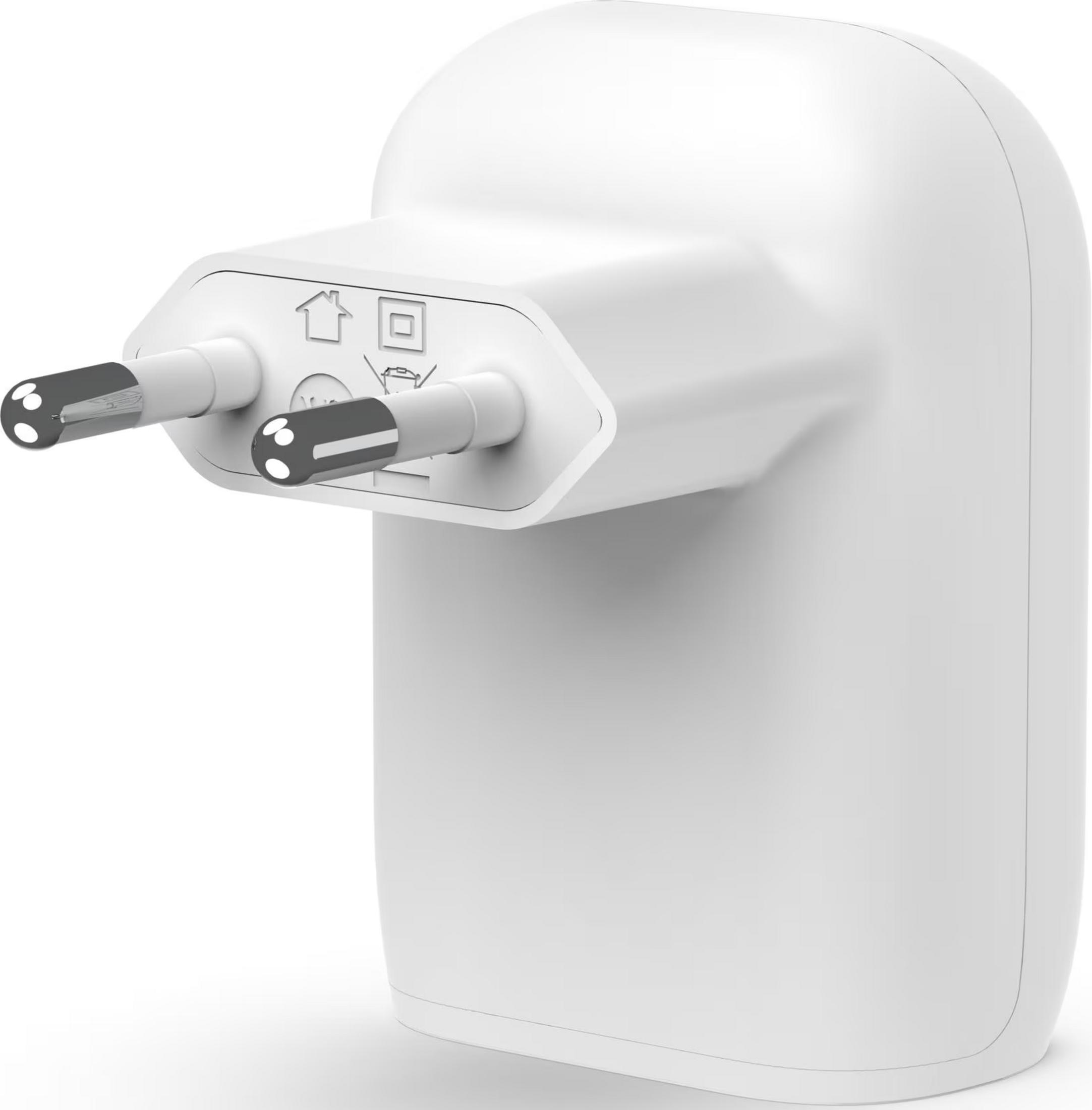 Adattatore da viaggio bianco con due pin rotondi e icone casa e quadrato.