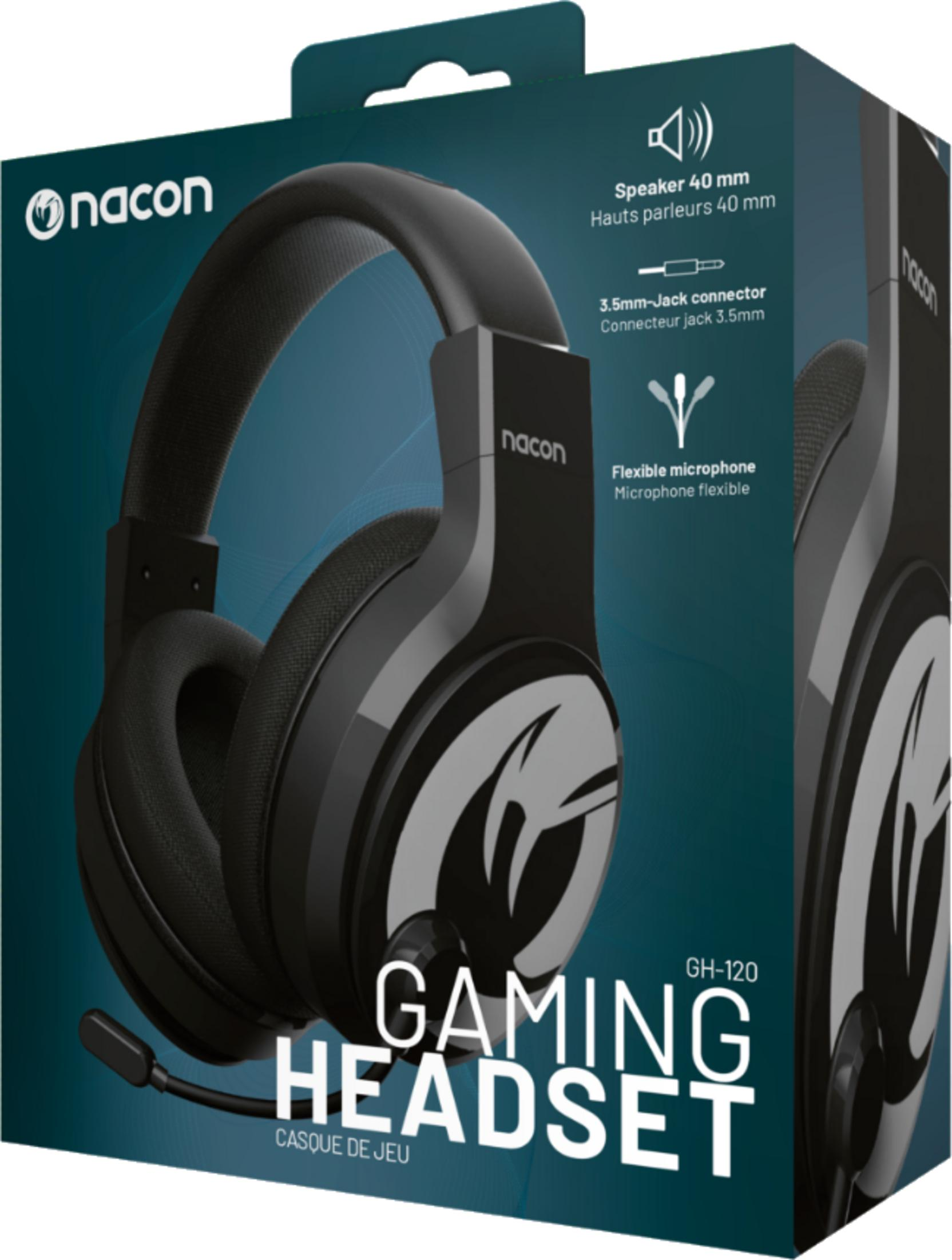 Un headset gaming Nacon nero con microfono sulla confezione.