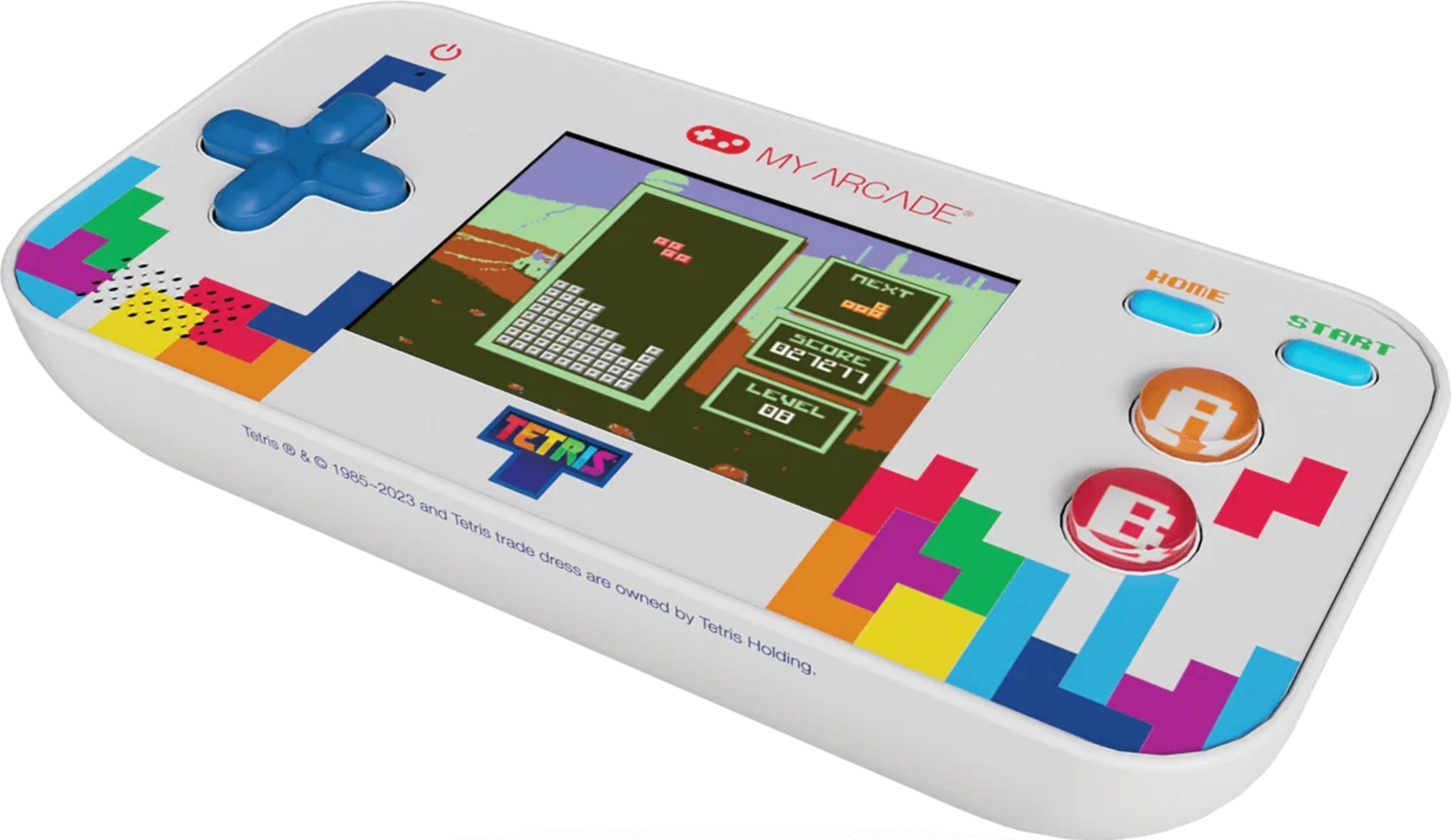 Białe przenośne urządzenie do gier Tetris z kolorowymi blokami i ekranem gry.