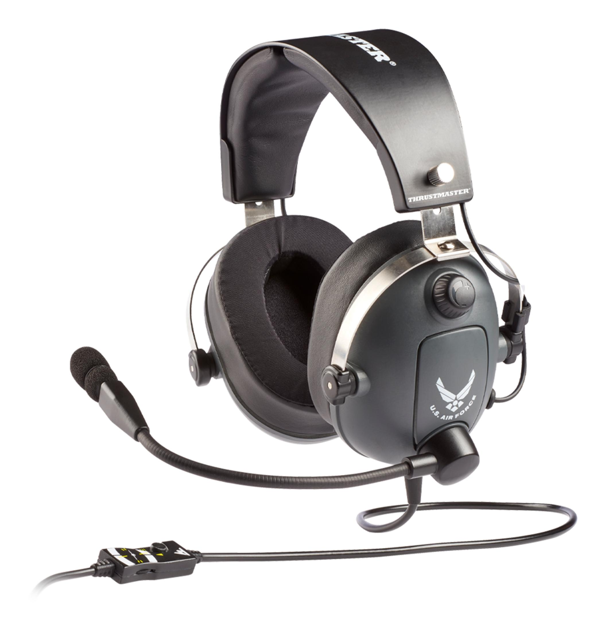 Czarne słuchawki Thrustmaster z mikrofonem i logo Sił Powietrznych USA.