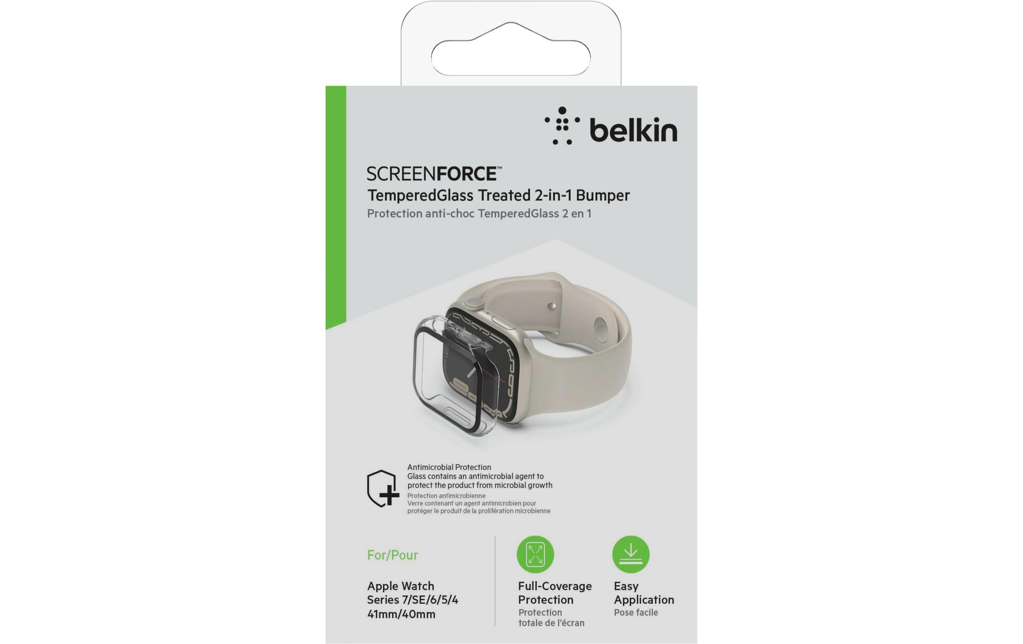 Paraurti Belkin Screenforce in vetro temperato 2 in 1 per Apple Watch.
