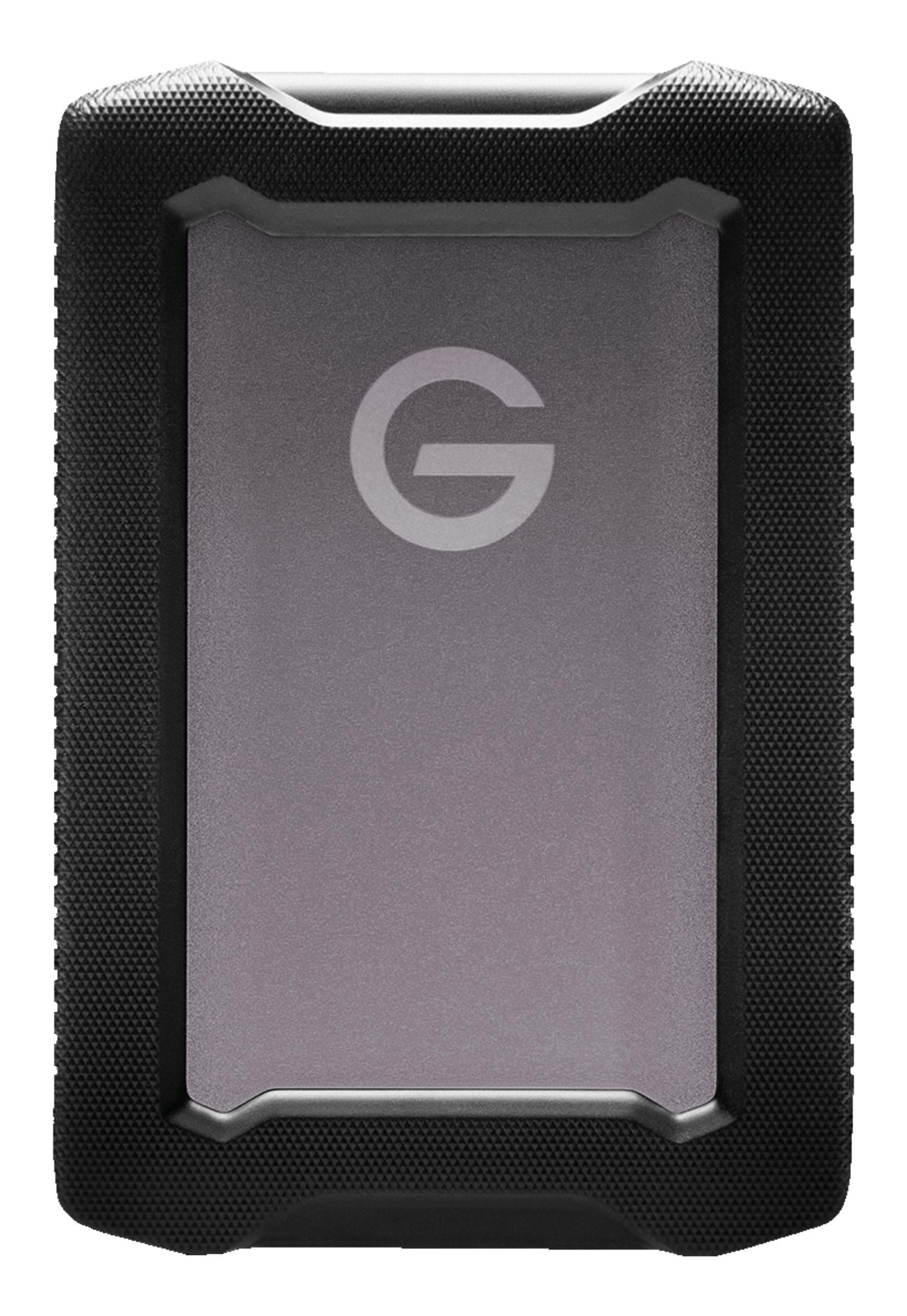 Szary dysk zewnętrzny z czarnym gumowym zderzakiem i logo G.