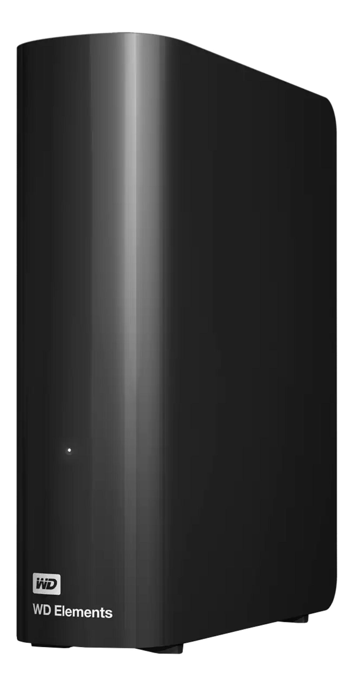 Czarna obudowa zewnętrznego dysku twardego WD Elements na białym tle.