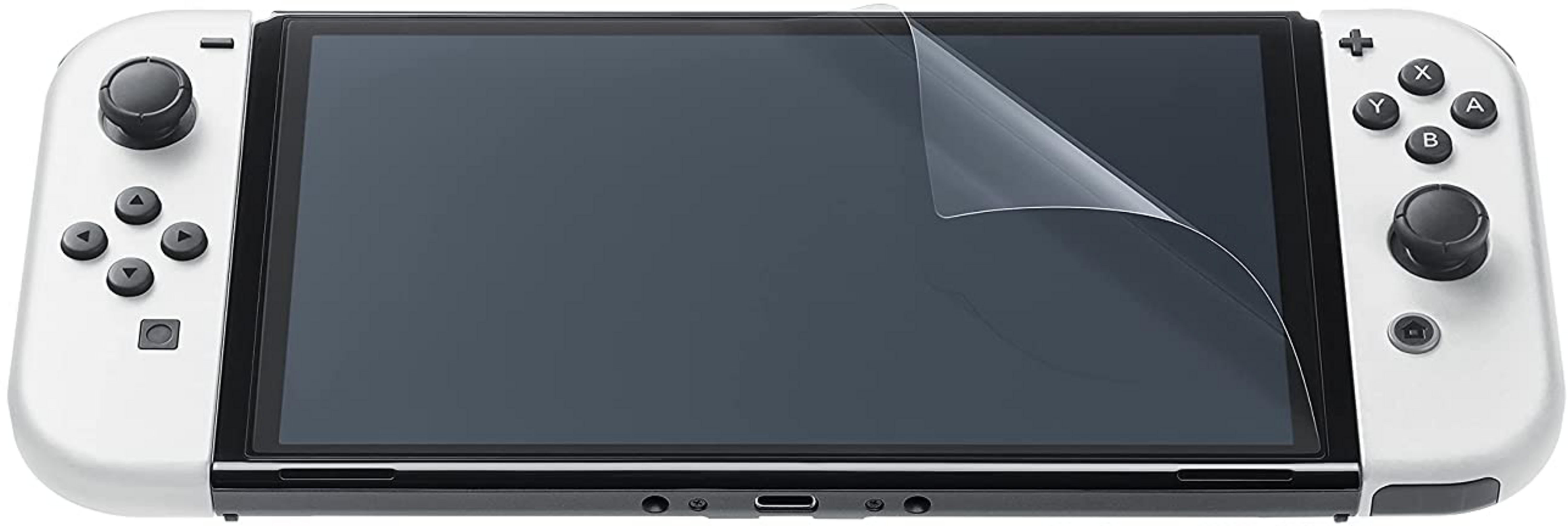 Ein weißes Nintendo Switch-Gerät mit einem aufgeklebten Displayschutz.