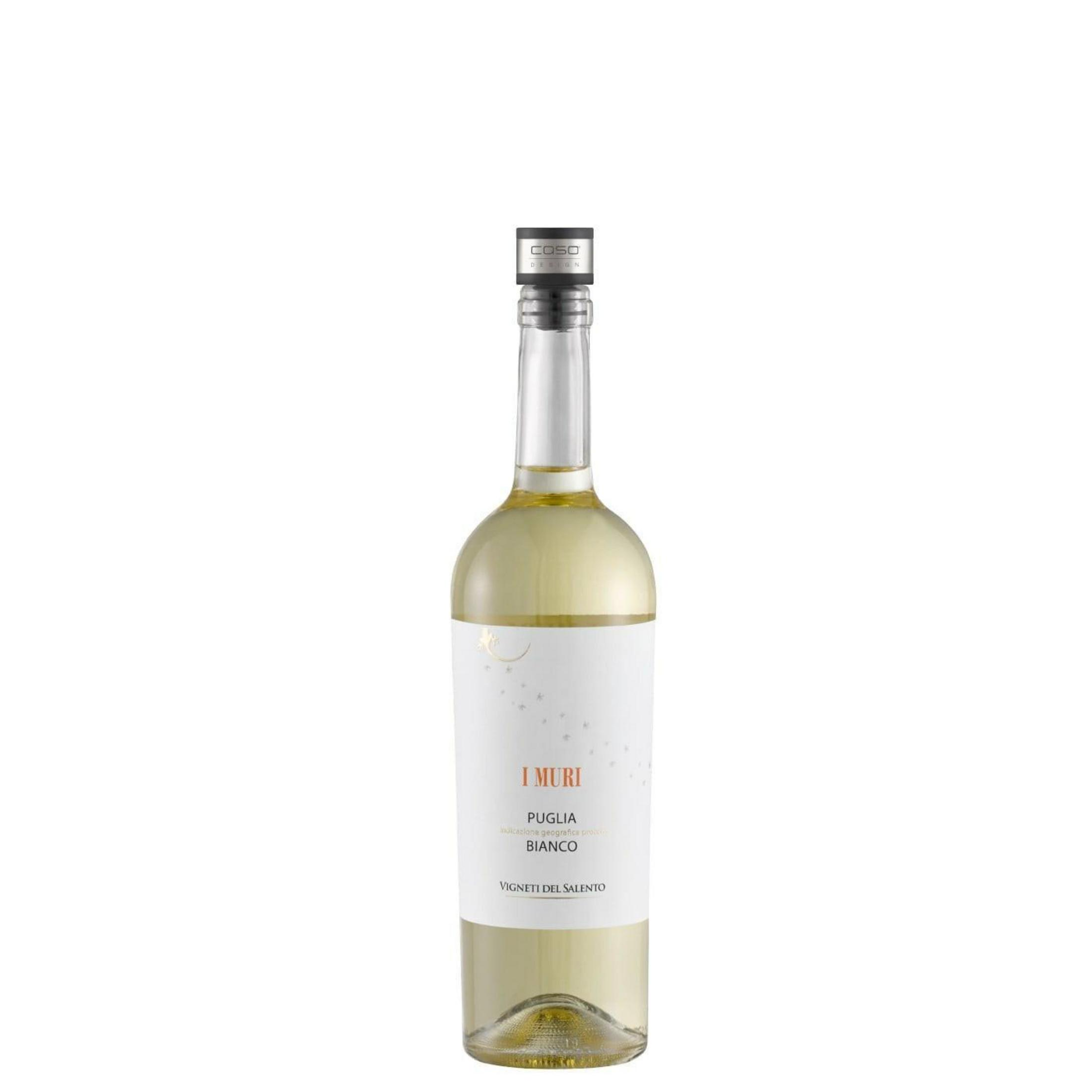 Eine Flasche Weißwein mit weißem Etikett und silbernem Verschluss.
