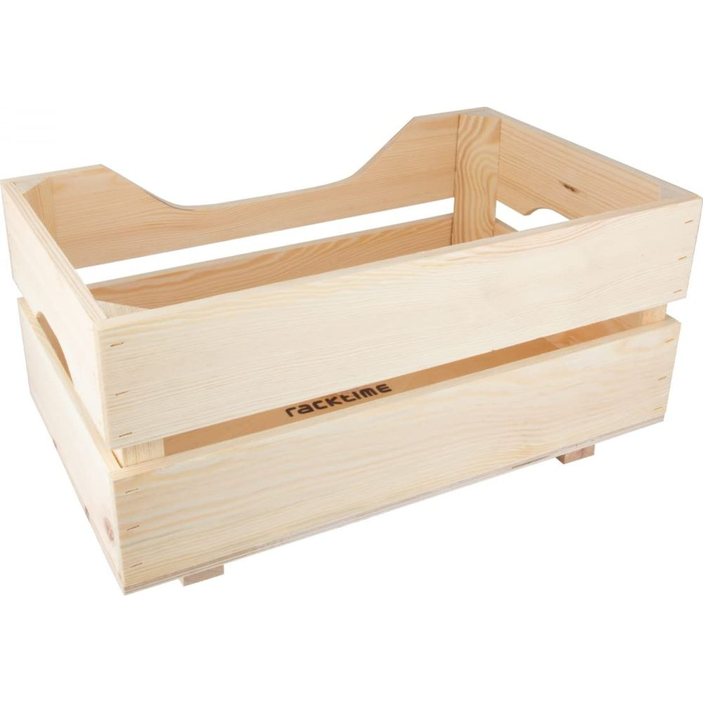 Une caisse en bois avec poignées et le logo « racktime » sur le côté.