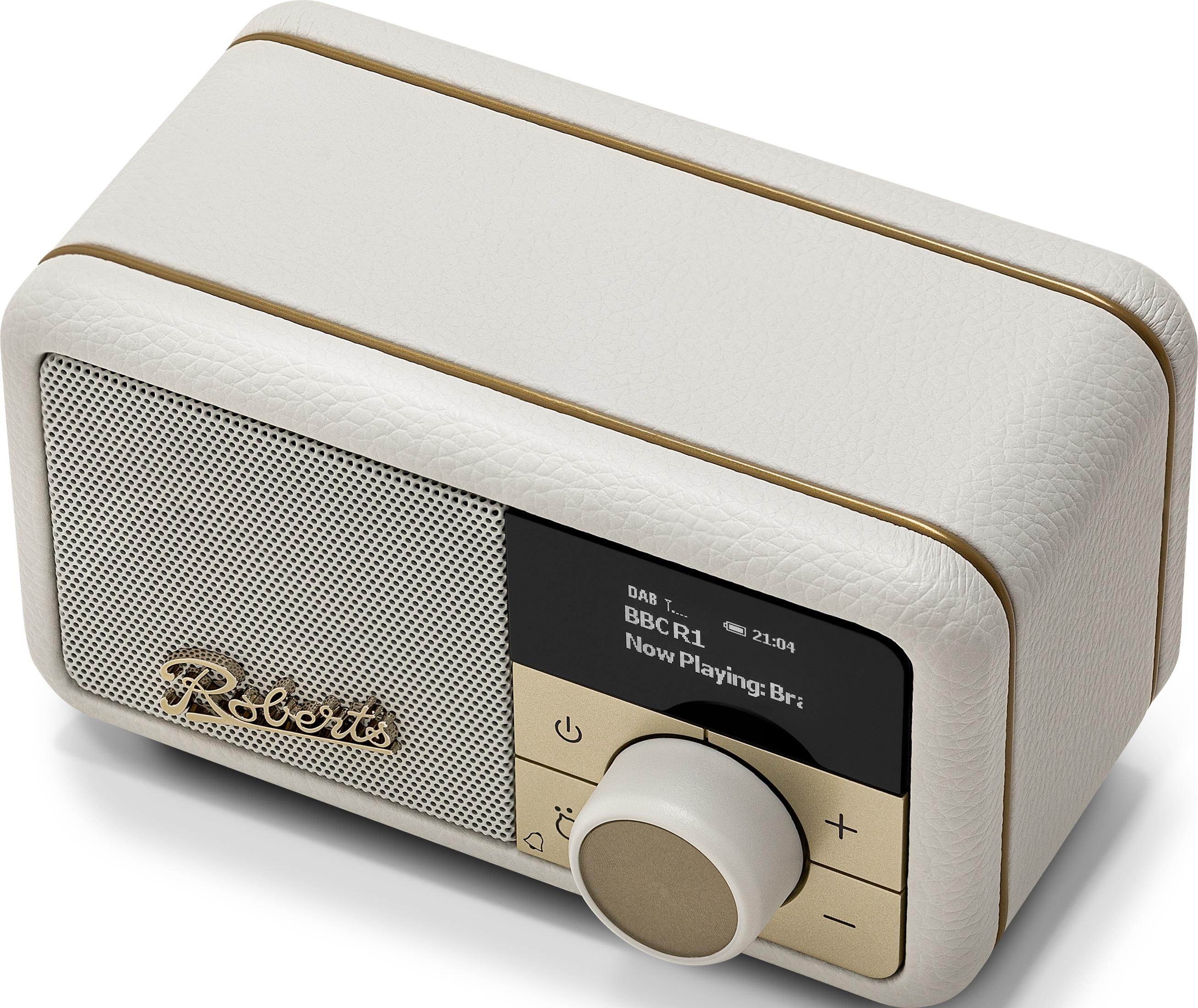 Ein weißes Lederadio mit goldenen Akzenten und einem digitalen Display.