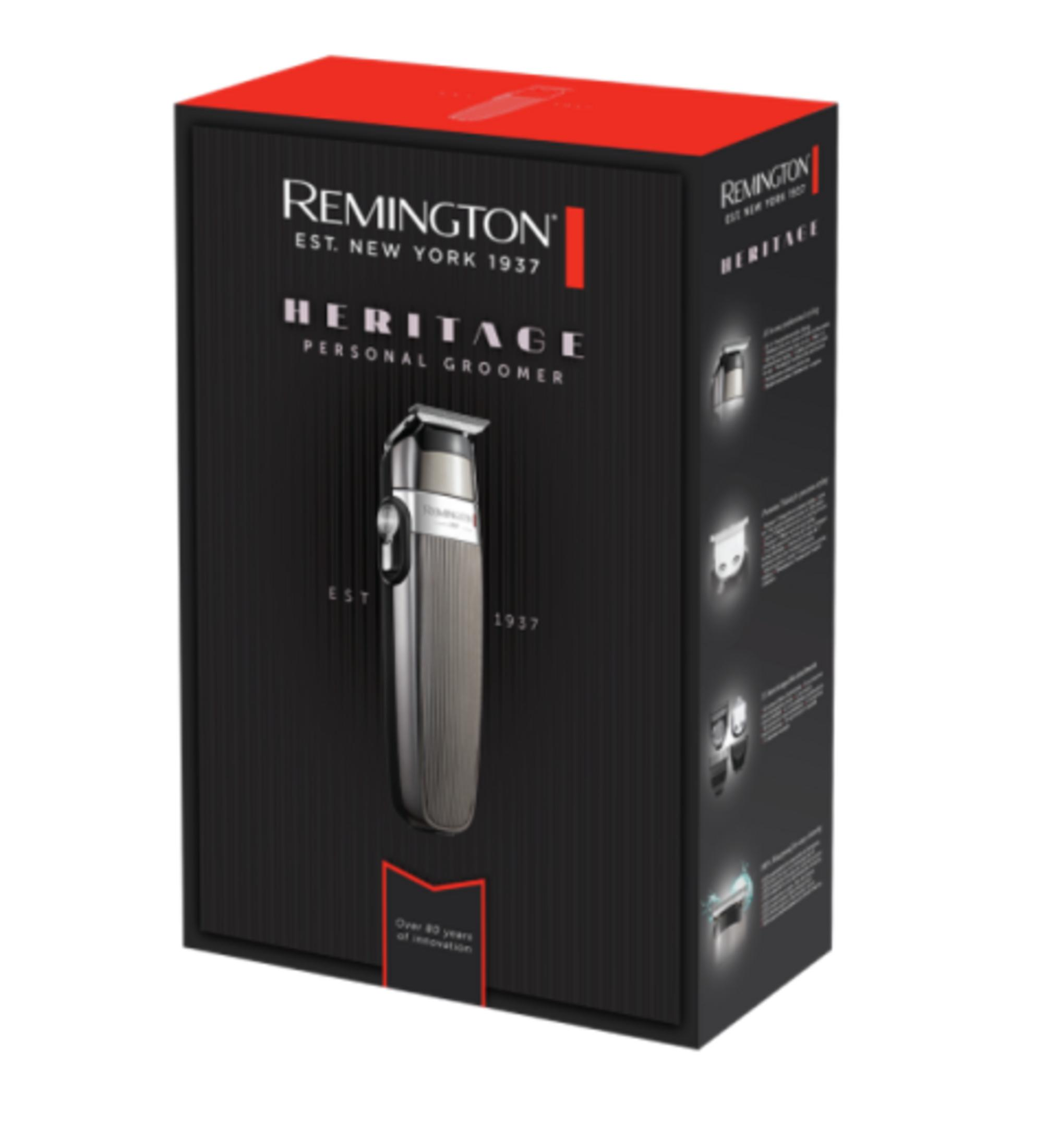 Pudełko Remington Heritage Personal Groomer z srebrną maszynką i czerwonymi akcentami.