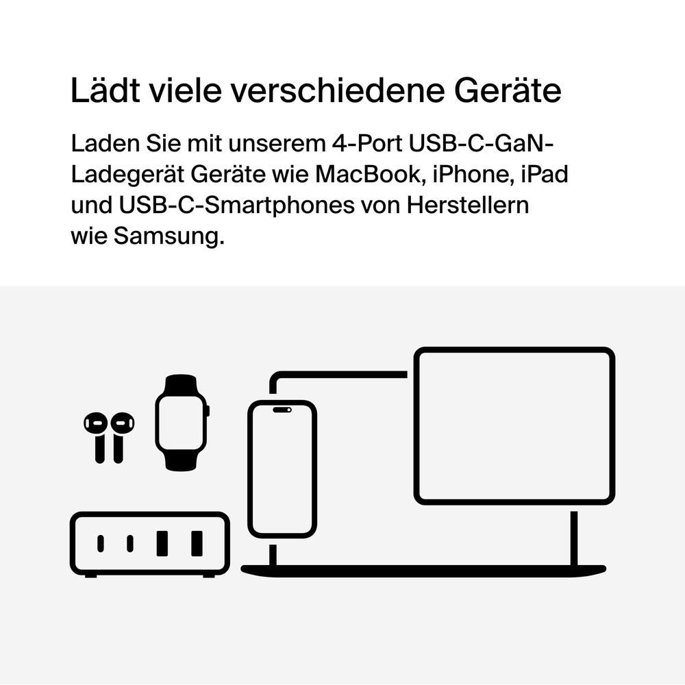Ilustración de accesorios de carga y dispositivos: reloj, auriculares, teléfono y portátil.