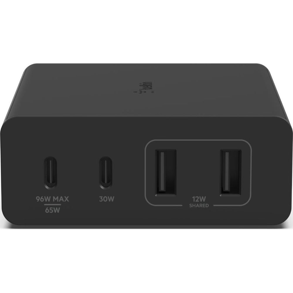 Adaptador de corriente negro con dos puertos USB-C (96W/30W) y dos puertos USB-A.
