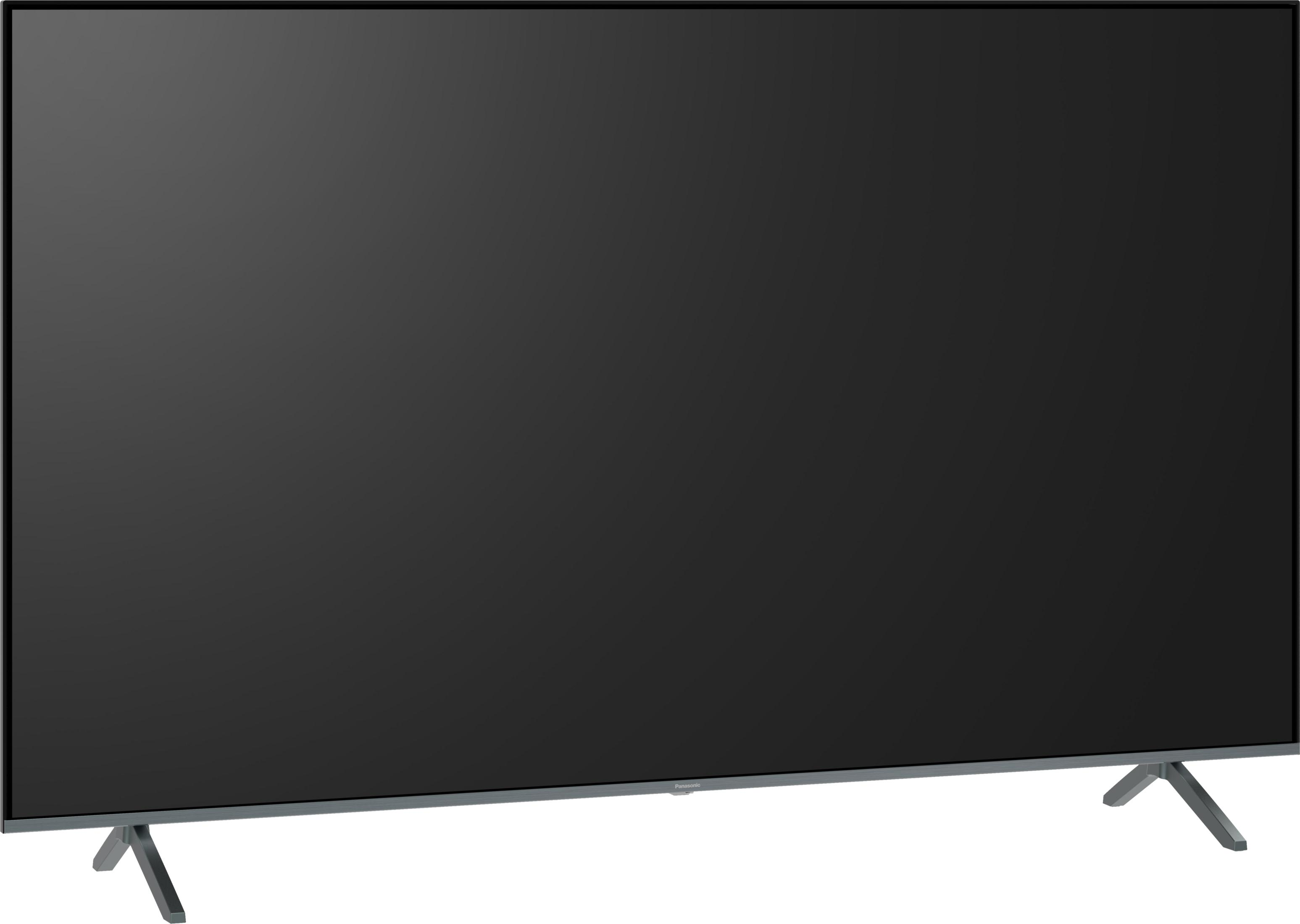 Ein moderner, dunkler Fernseher mit schmalem Rahmen und zwei seitlichen Standfüßen.