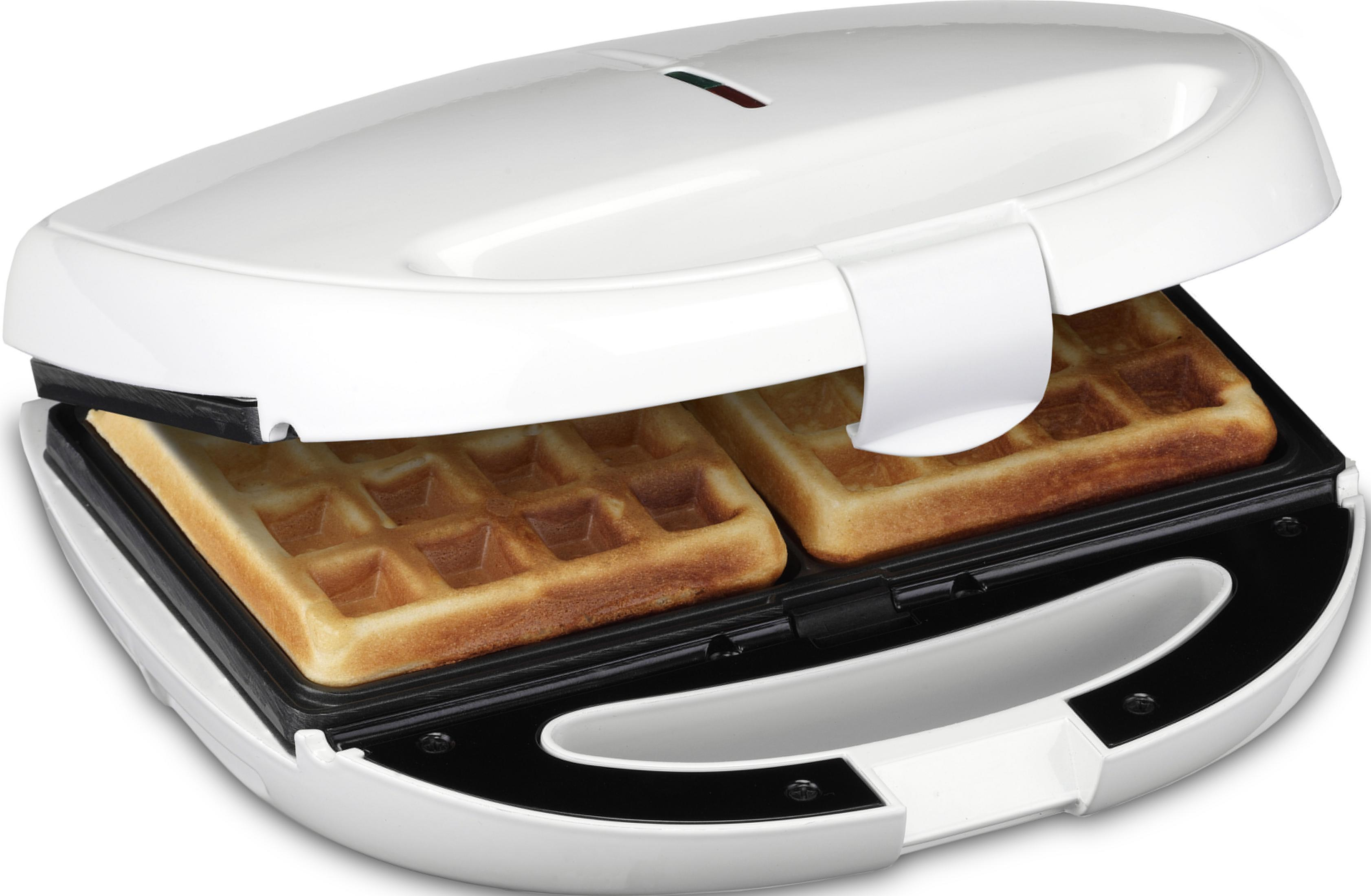 Ein weißer Waffelautomat mit zwei fertigen Waffeln.