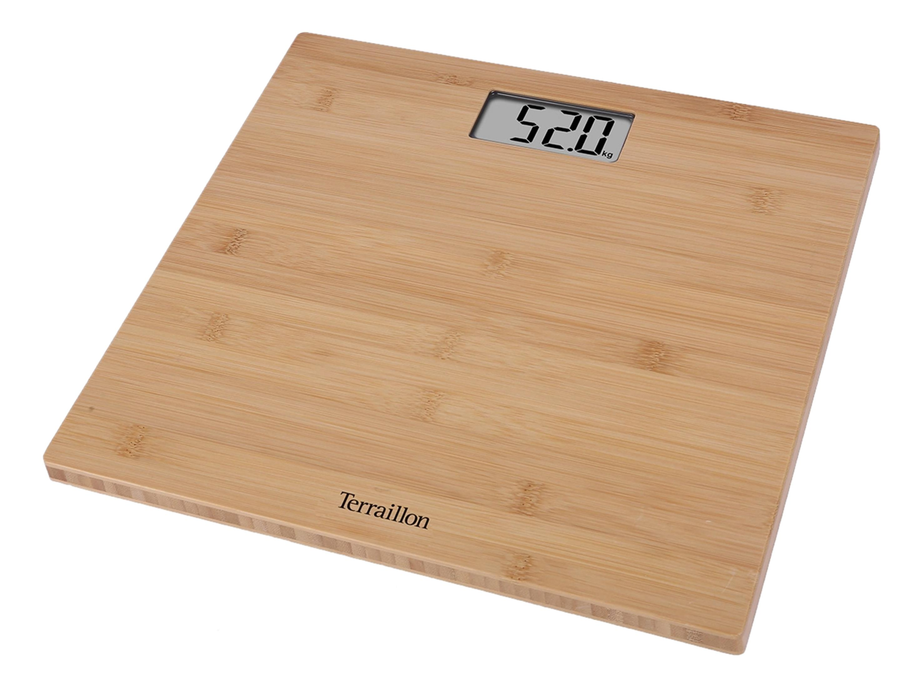 Cyfrowa waga łazienkowa z bambusa pokazująca 52,0 kg.