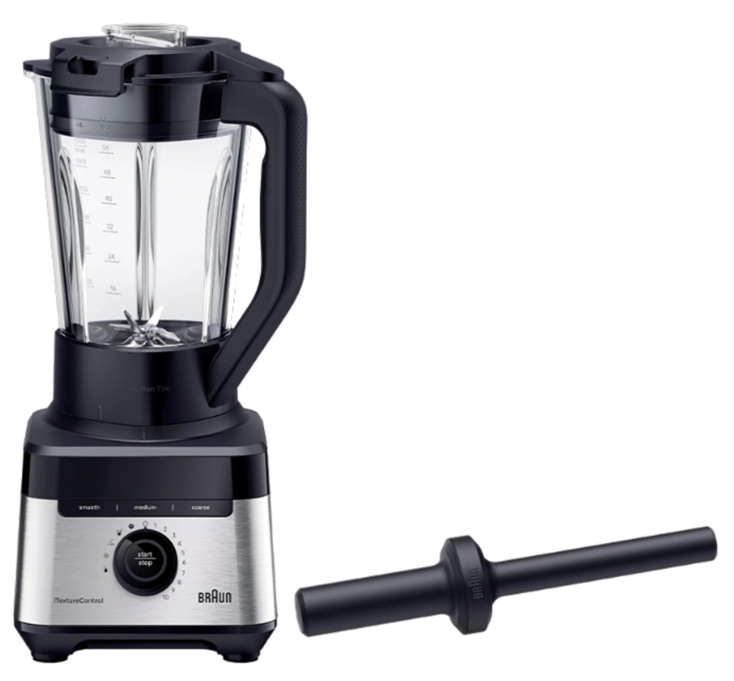 Ein schwarzer und silberner Braun Standmixer mit Glasbehälter und einem Zubehörteil daneben.