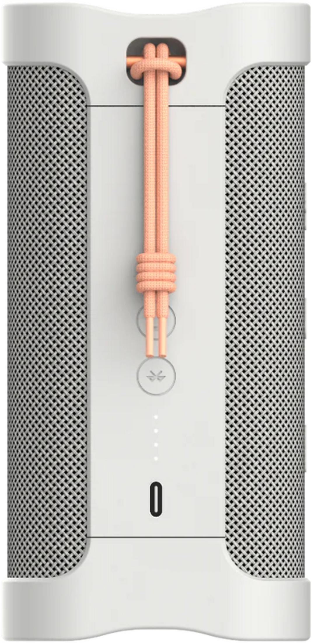 Weißer Lautsprecher mit orangefarbenem Band und Bluetooth-Symbol.