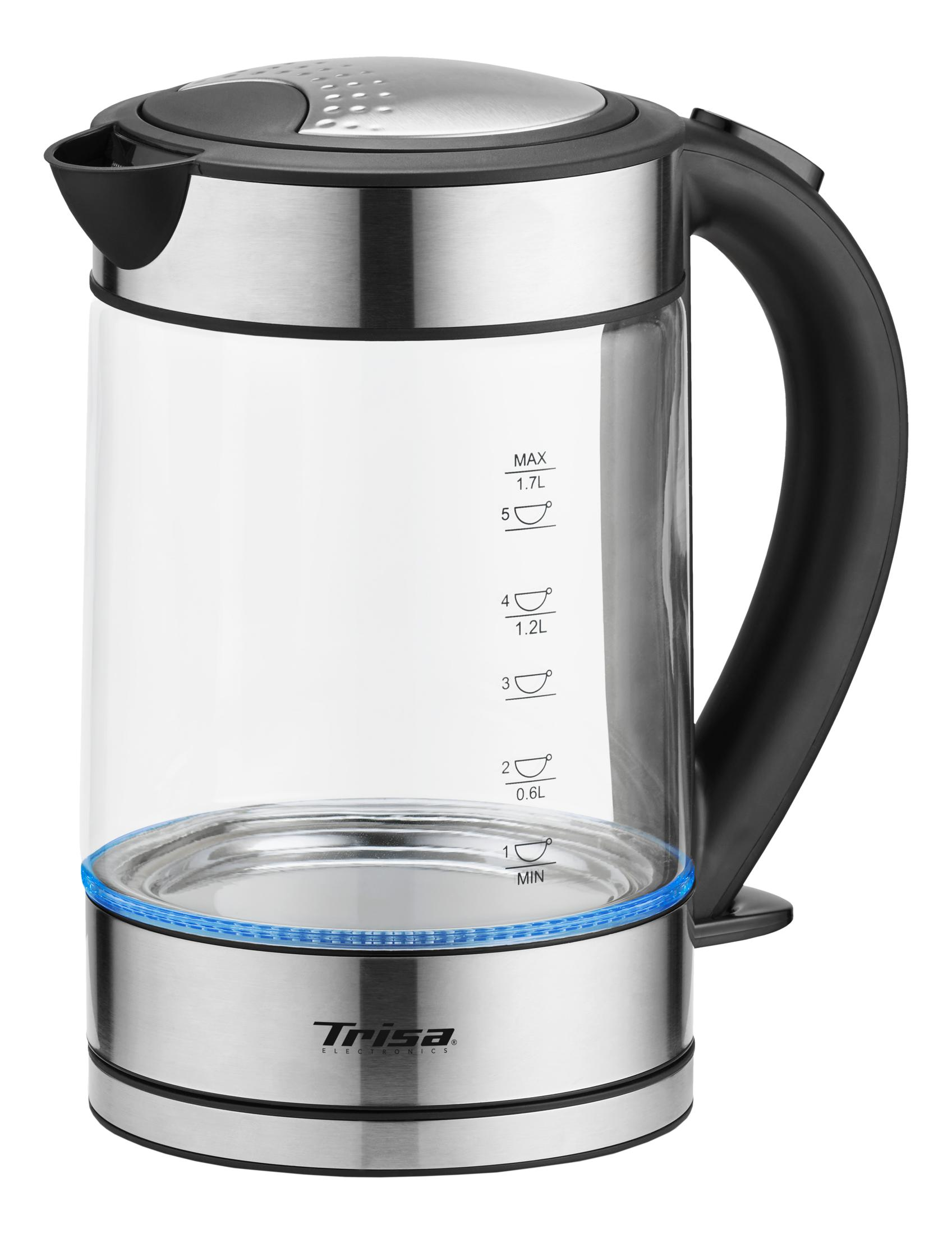 Szklany czajnik z podstawą ze stali nierdzewnej i czarną rączką.