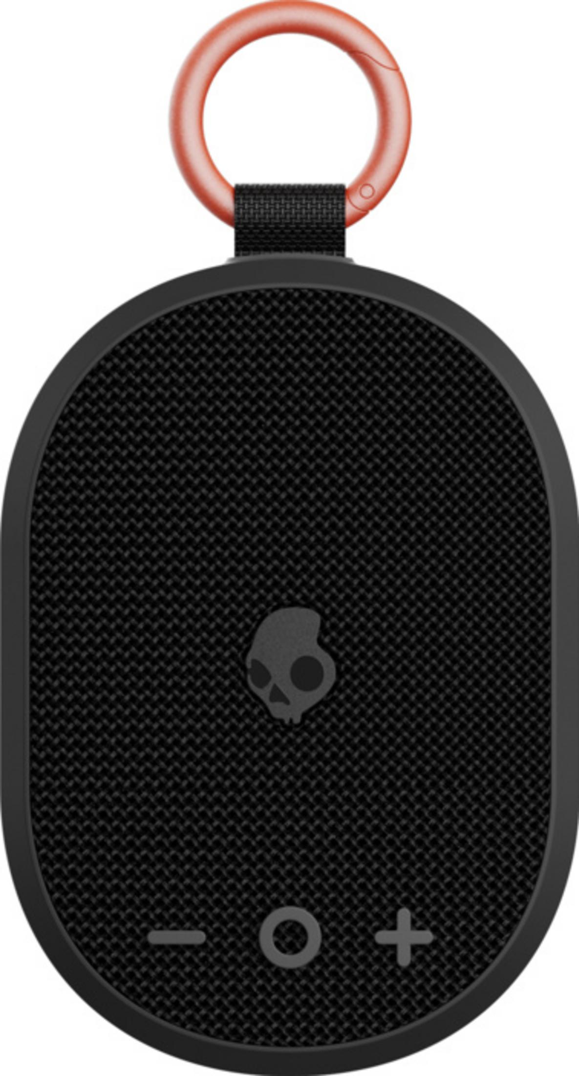 Schwarzer ovaler Lautsprecher mit Skull-Logo, Ring und Plus/Minus-Tasten.