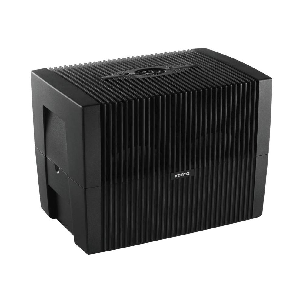 Czarna myjnia powietrzna Venta z pionowymi żaluzjami i logo.
