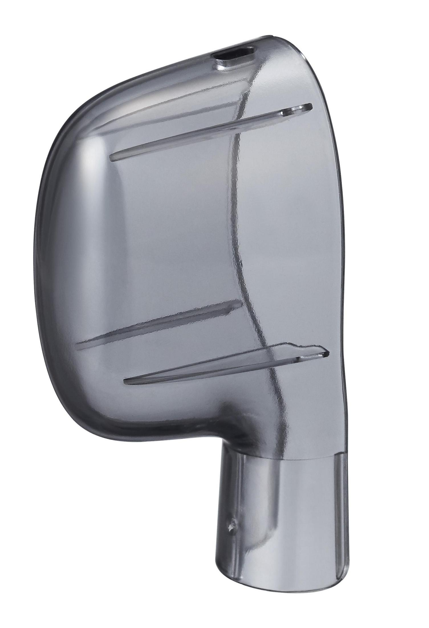 Ein transparenter, grauer Kunststoffdeckel mit Rillen.
