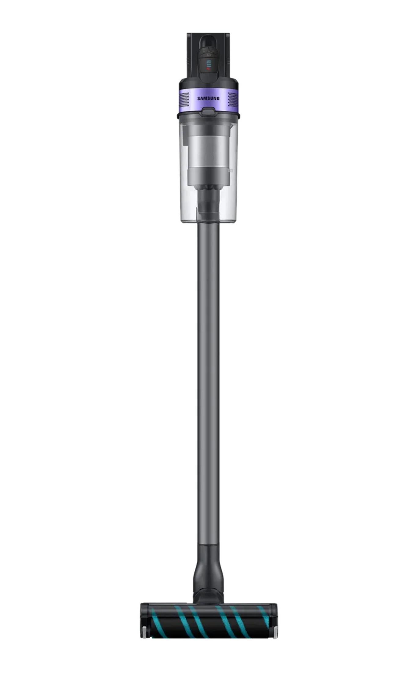 Odkurzacz Samsung z fioletowymi akcentami i głowicą szczotkową.
