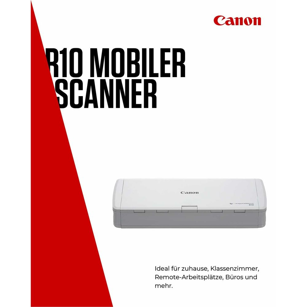 Biały skaner mobilny Canon R10 leży na białej powierzchni. Obok widnieje napis 'Canon'.