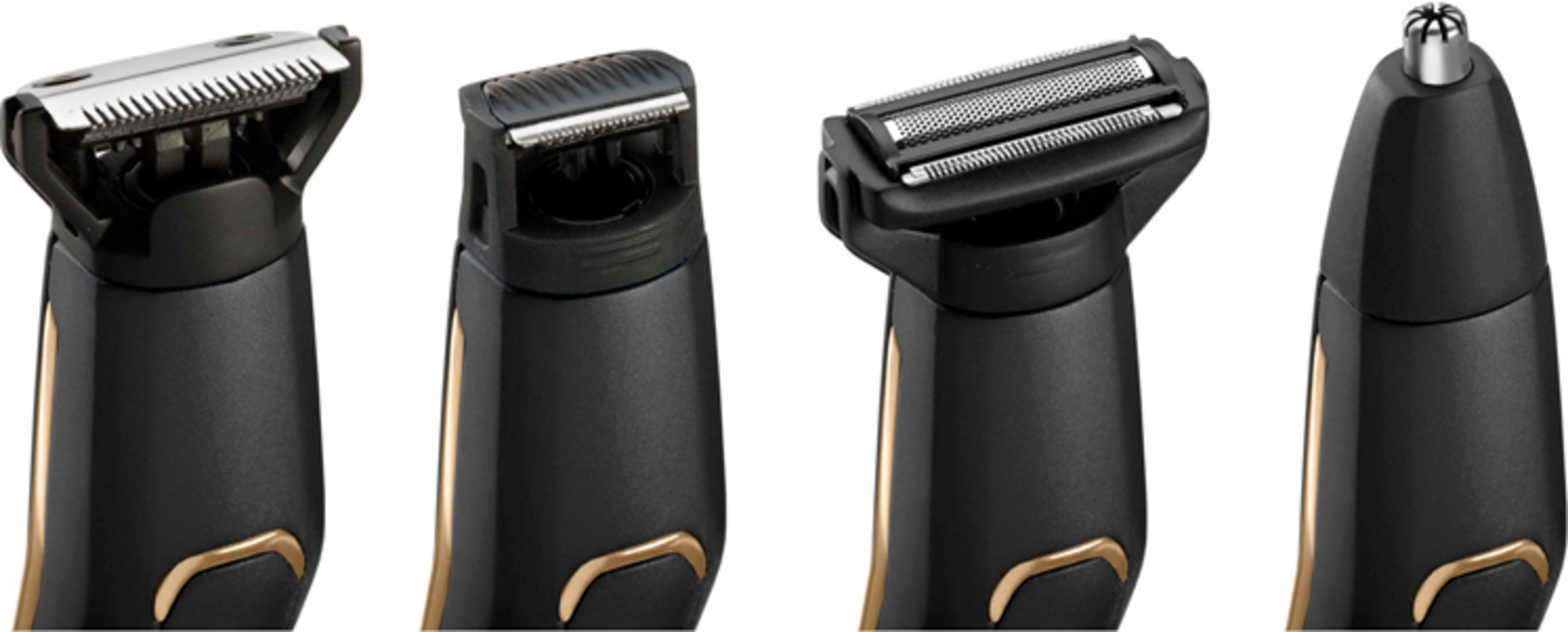 Cztery nasadki do czarnej maszynki ze złotymi akcentami: ostrze, szczotka, folia, nos.