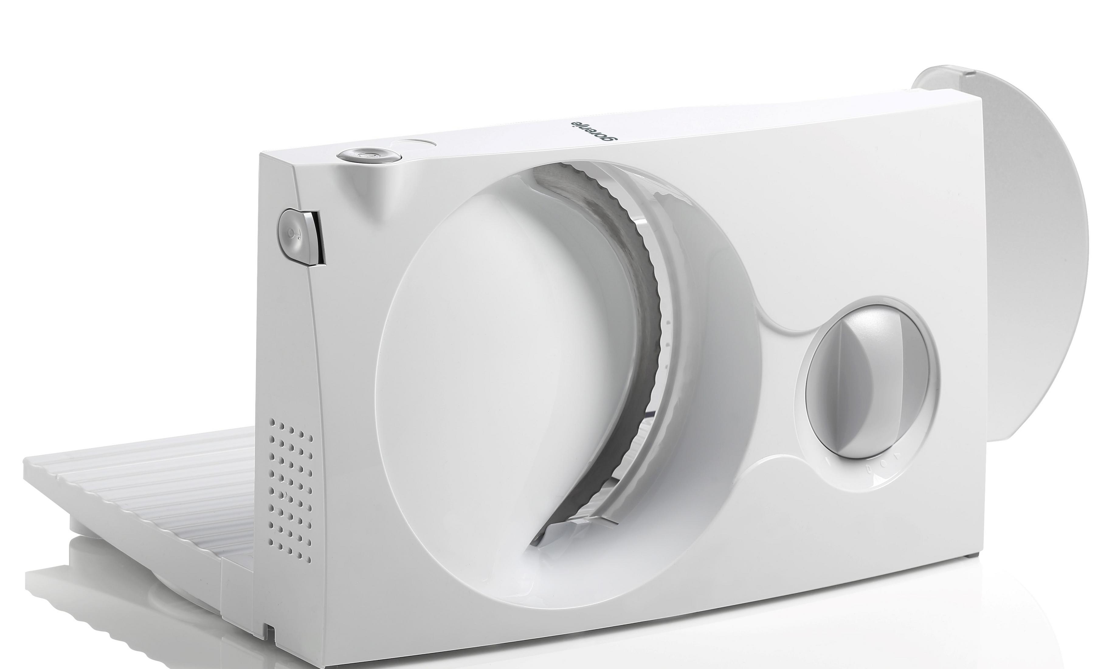 Biała elektryczna krajalnica z srebrnym pokrętłem i ząbkowanym ostrzem.