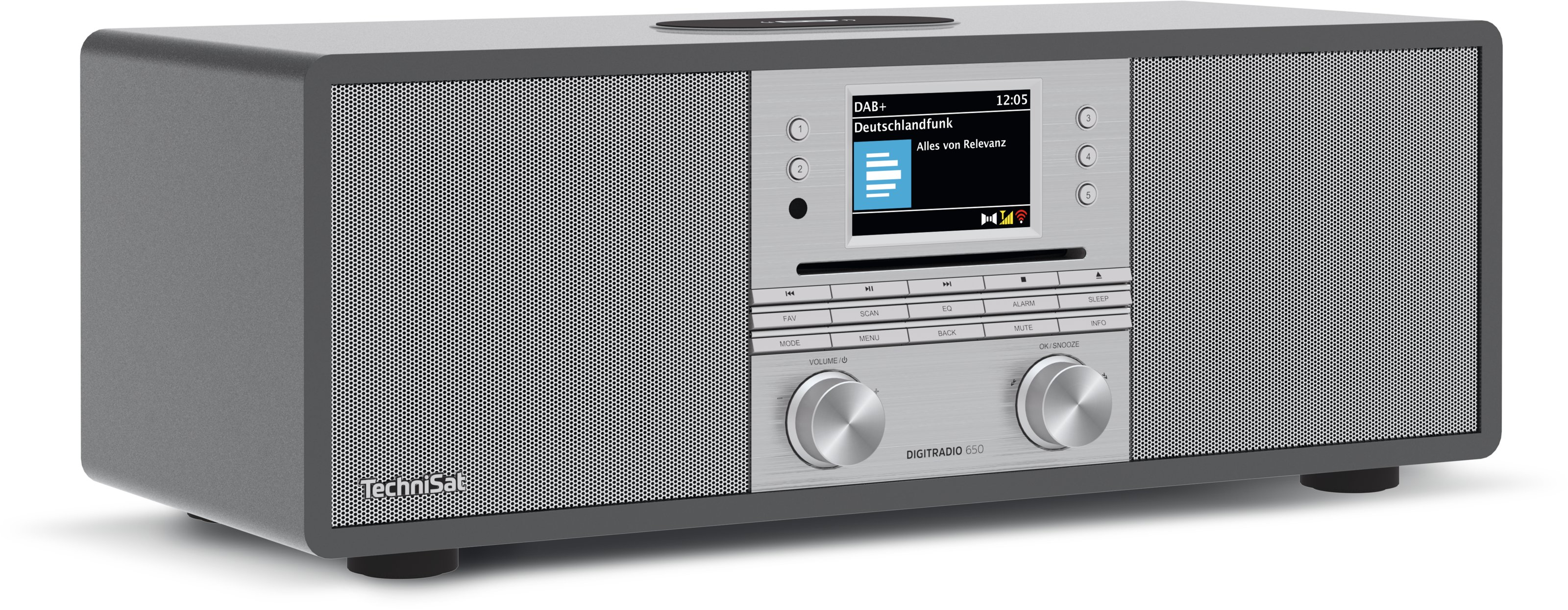 Radio digitale TechniSat Digitradio 650 grigia con manopole e schermo argentati.