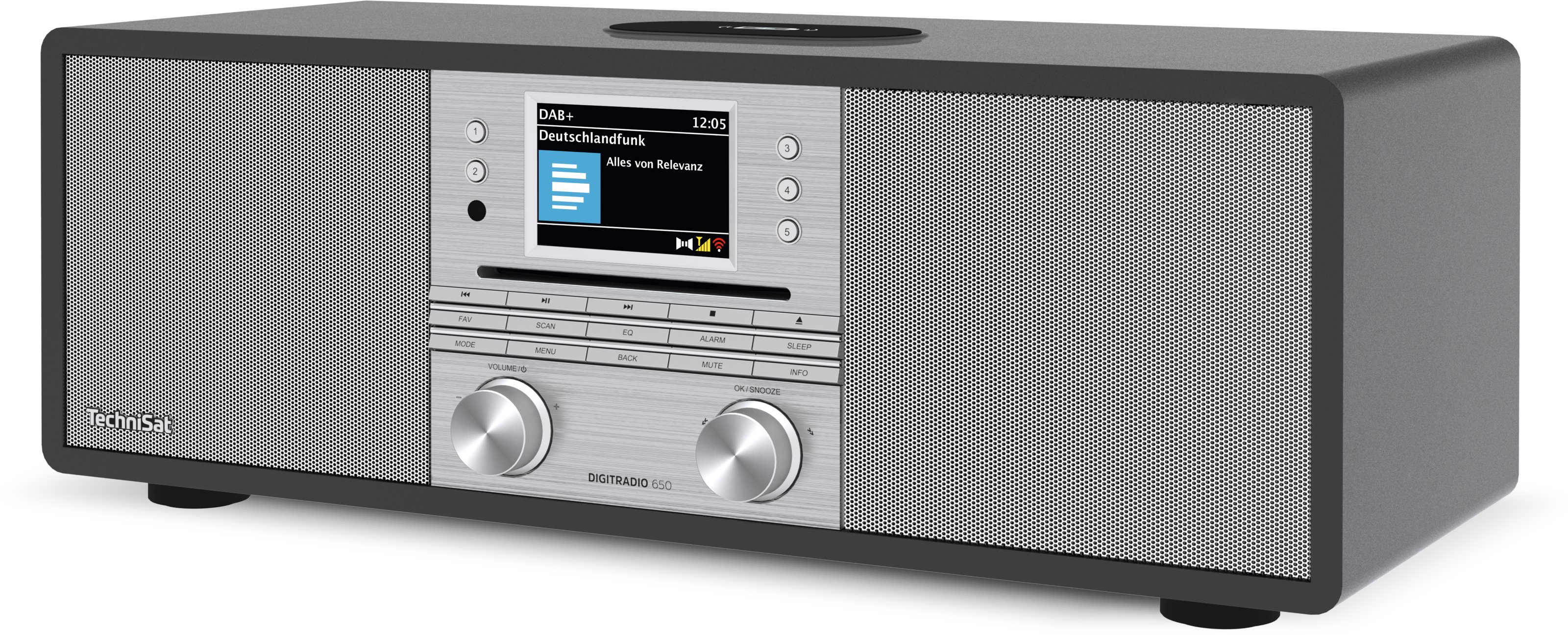 Un TechniSat Digiradio 650 argentato con display e pulsanti.