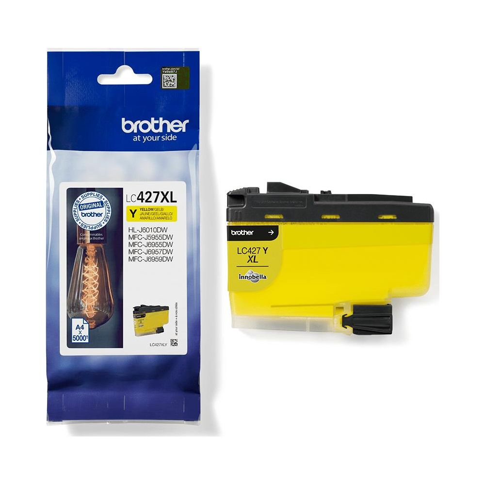 Żółty tusz Brother LC427XL i jego opakowanie.