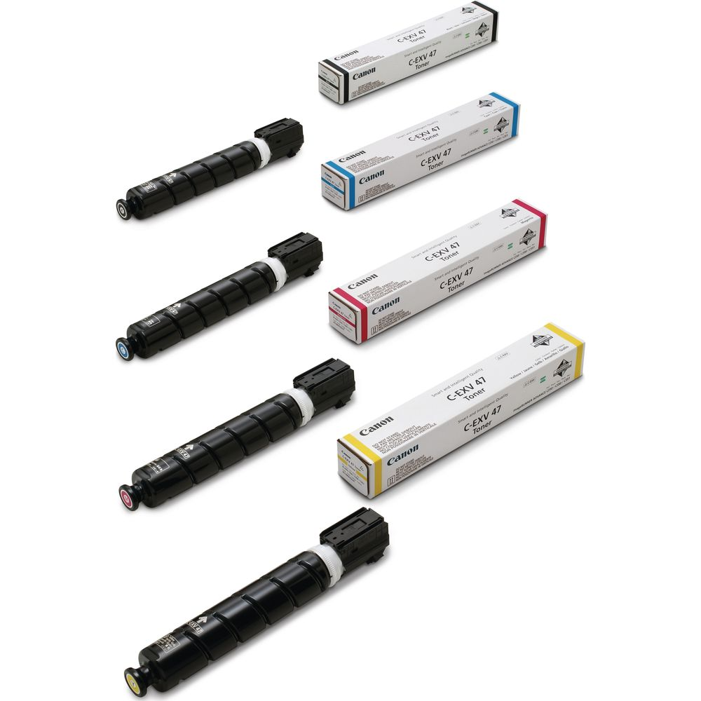 Five Canon C-EXV 47 toner cartridges in black, cyan, magenta, and yellow.