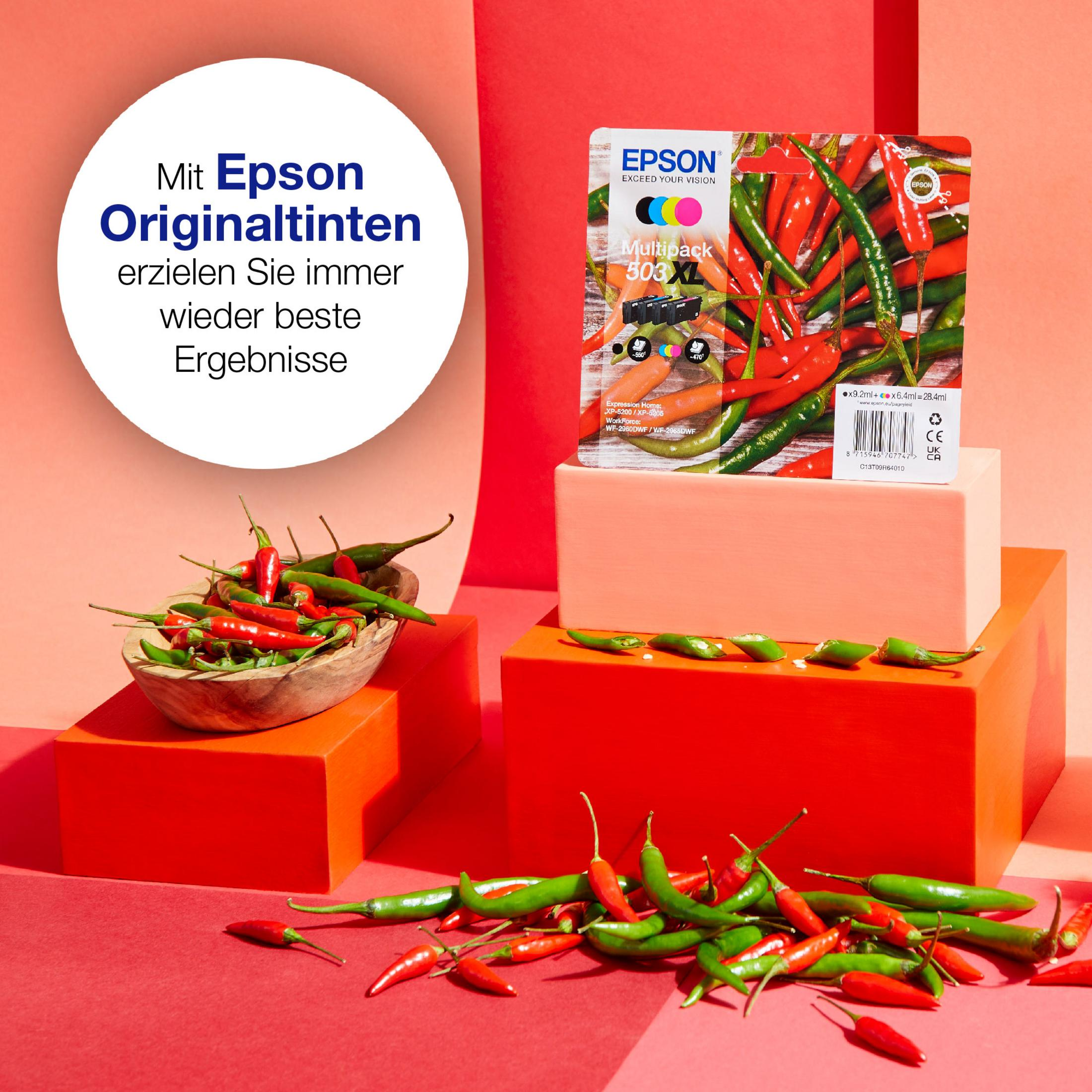 Opakowanie tuszu Epson z czerwonymi i zielonymi papryczkami chili na czerwonych blokach.