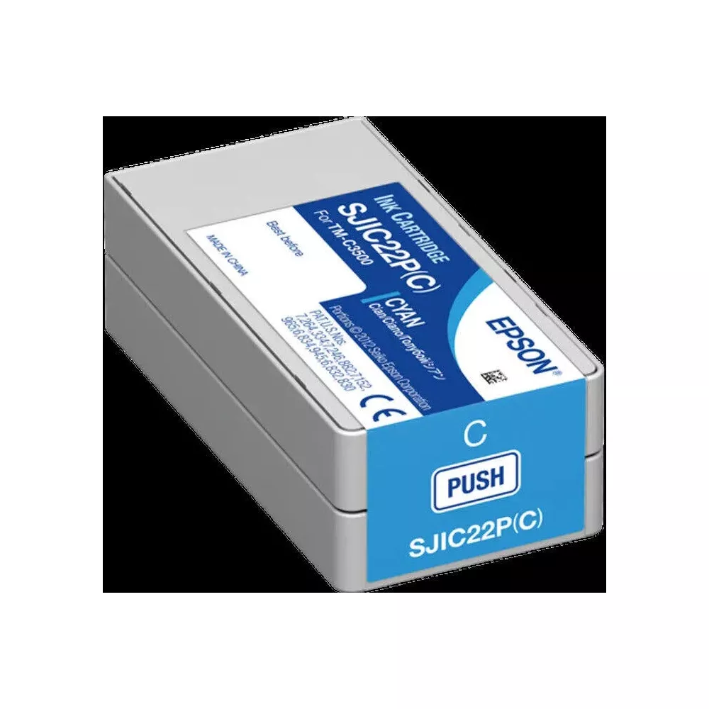 Epson SJIC22P(C) cyaan inktcartridge, CE-gecertificeerd, met "PUSH"-symbool.