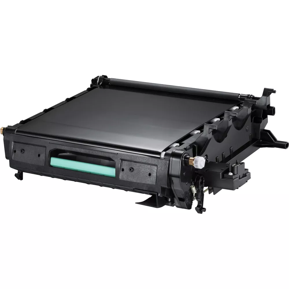 Een zwarte toner cartridge met een groene rol op de voorgrond op een witte achtergrond.