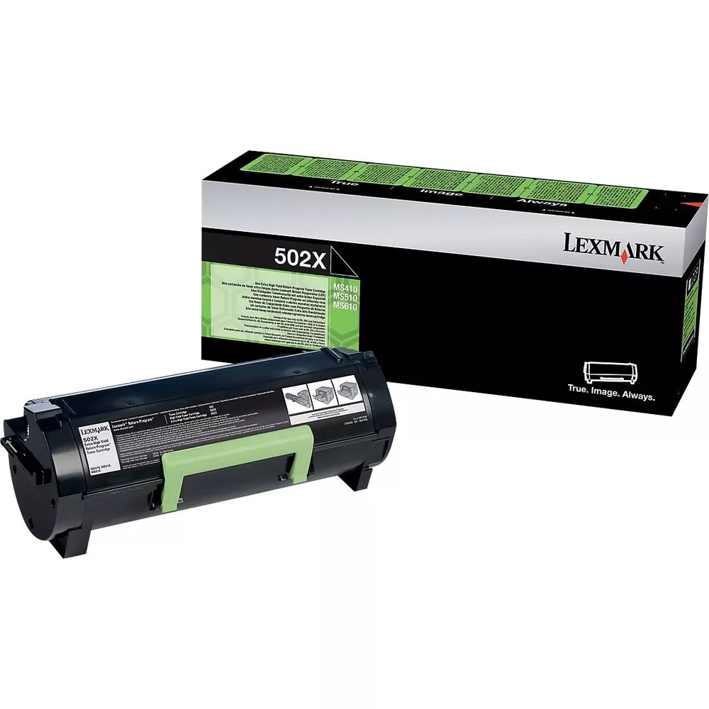 Lexmark 502X tonercartridge en doos op witte achtergrond.