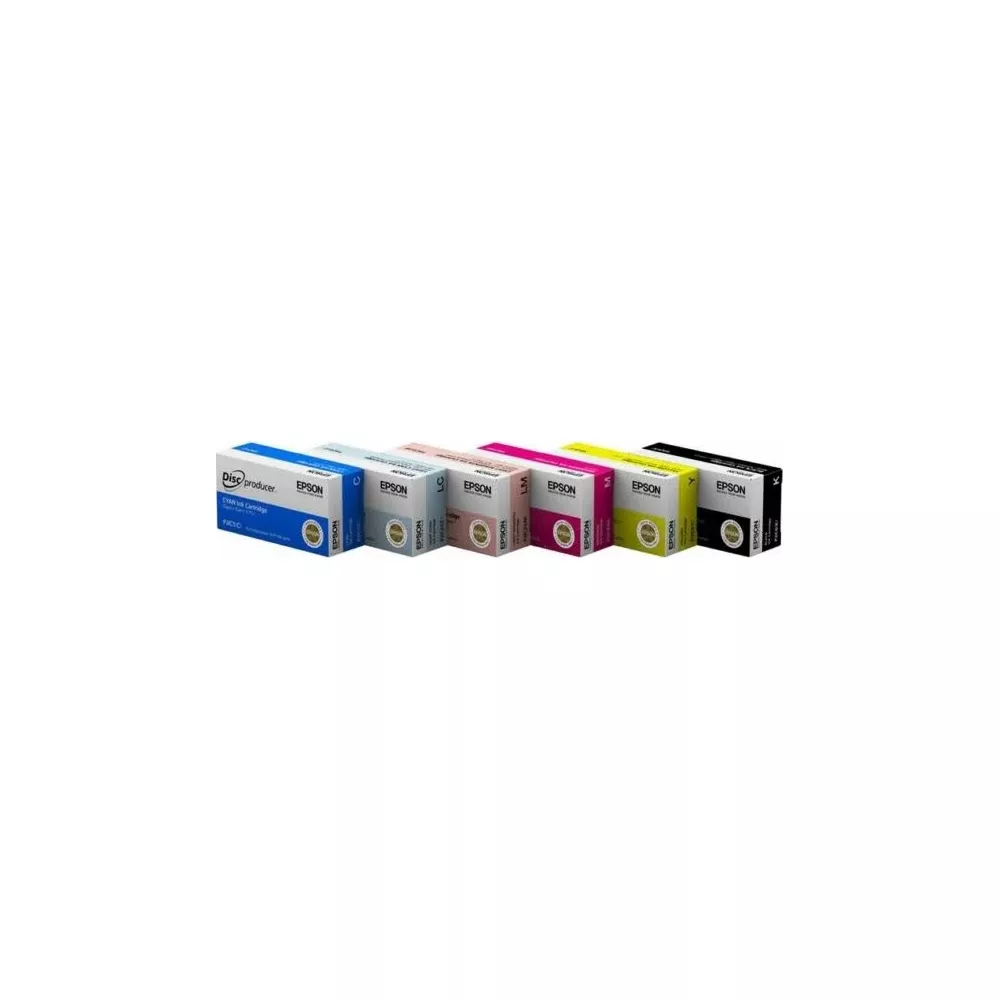 Sei scatole di cartucce d'inchiostro Epson in vari colori, allineate una accanto all'altra.