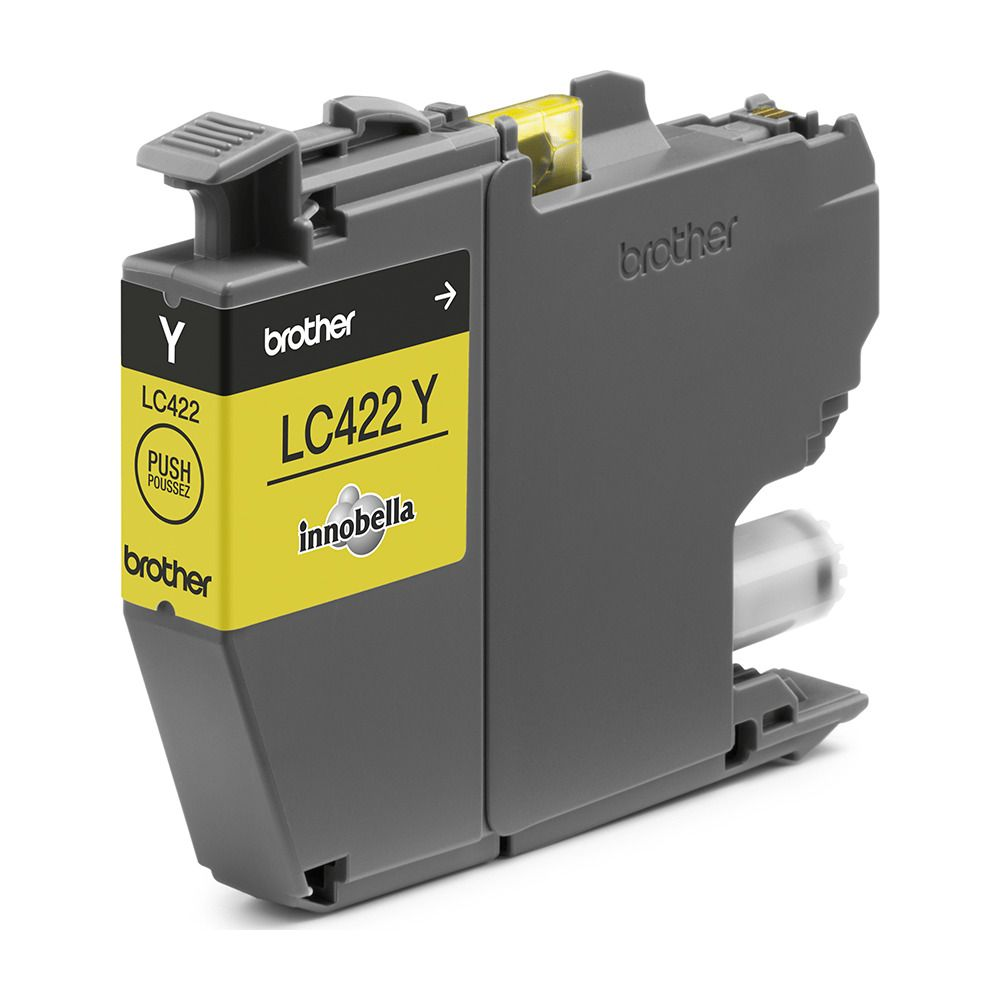 Szaro-żółty wkład atramentowy Brother LC422Y jest pokazany na białym tle, podkreślając jego kolor i model.