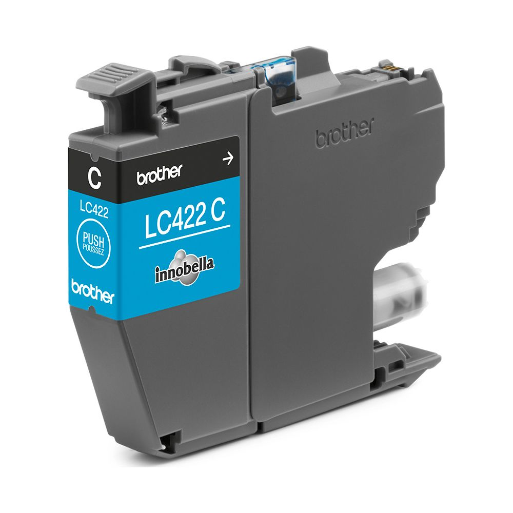 Szara kartridż Brother LC422 z etykietą Cyan.