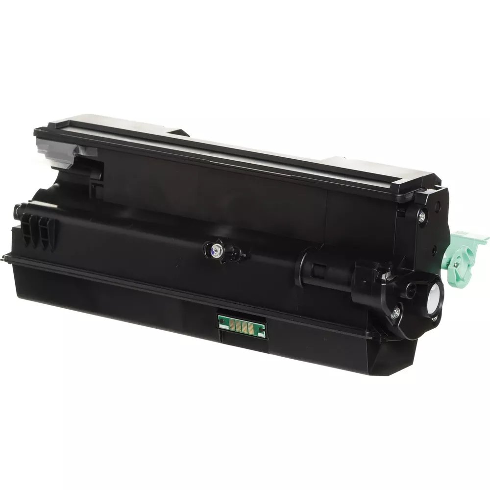 Czarny toner do drukarki z zielonymi i białymi akcentami na białym tle.