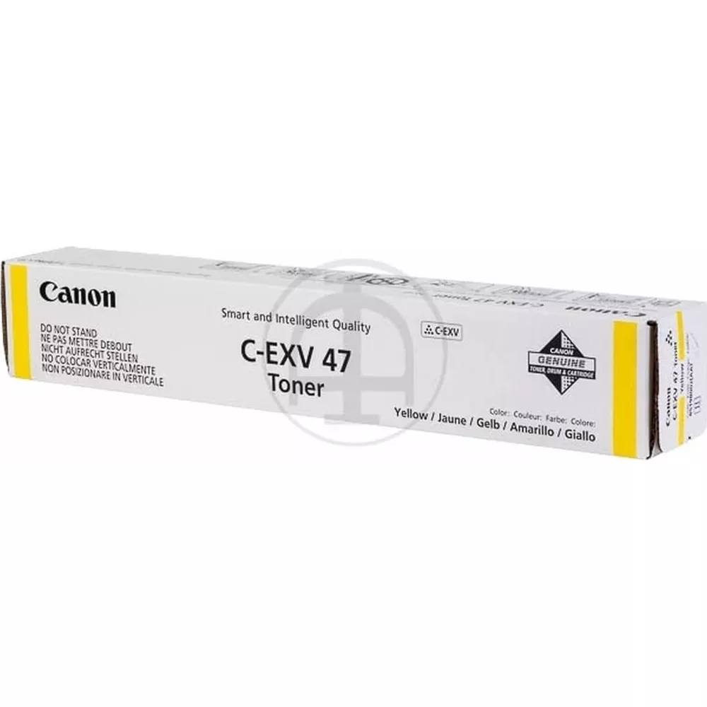 Scatola toner Canon C-EXV 47, gialla e bianca, con avvertenze.