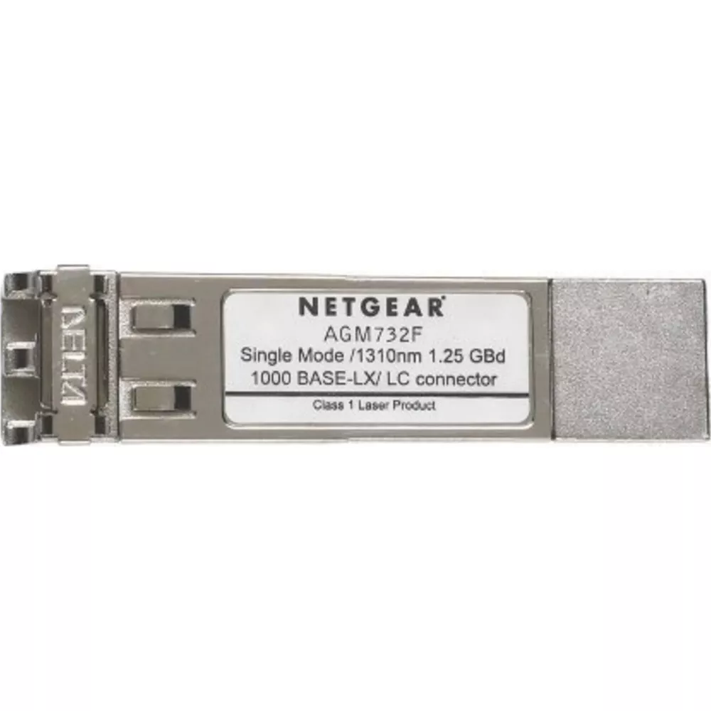 Un transceptor de fibra óptica NETGEAR AGM732F plateado con etiqueta.