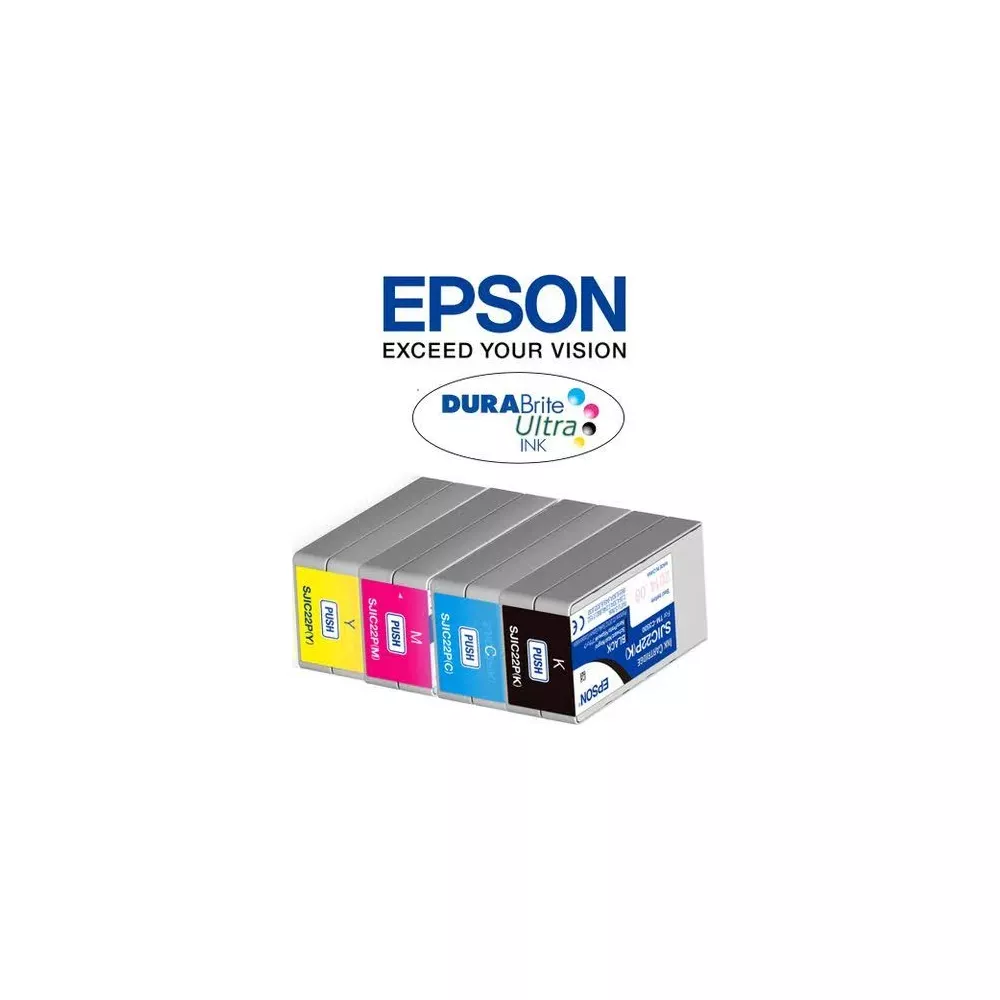 Cuatro cartuchos de tinta Epson: amarillo, magenta, cian y negro, en fila.