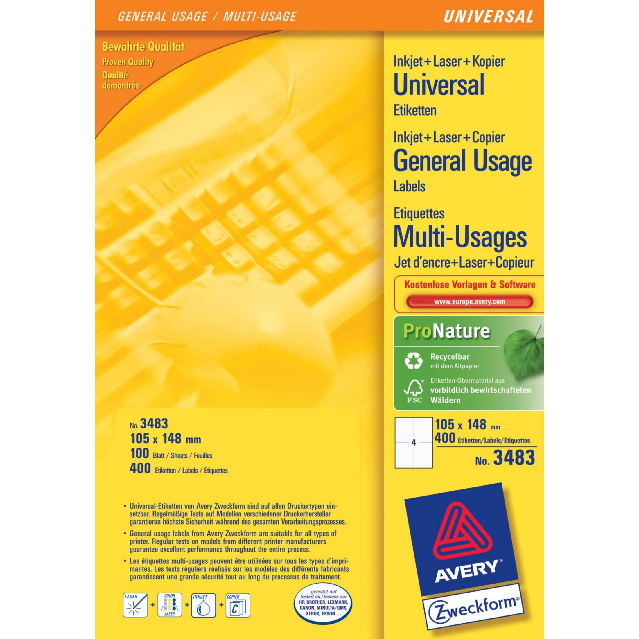 Avery Universal Etiketten: 105x148mm, 400 Stück, für Inkjet, Laser, Kopierer.