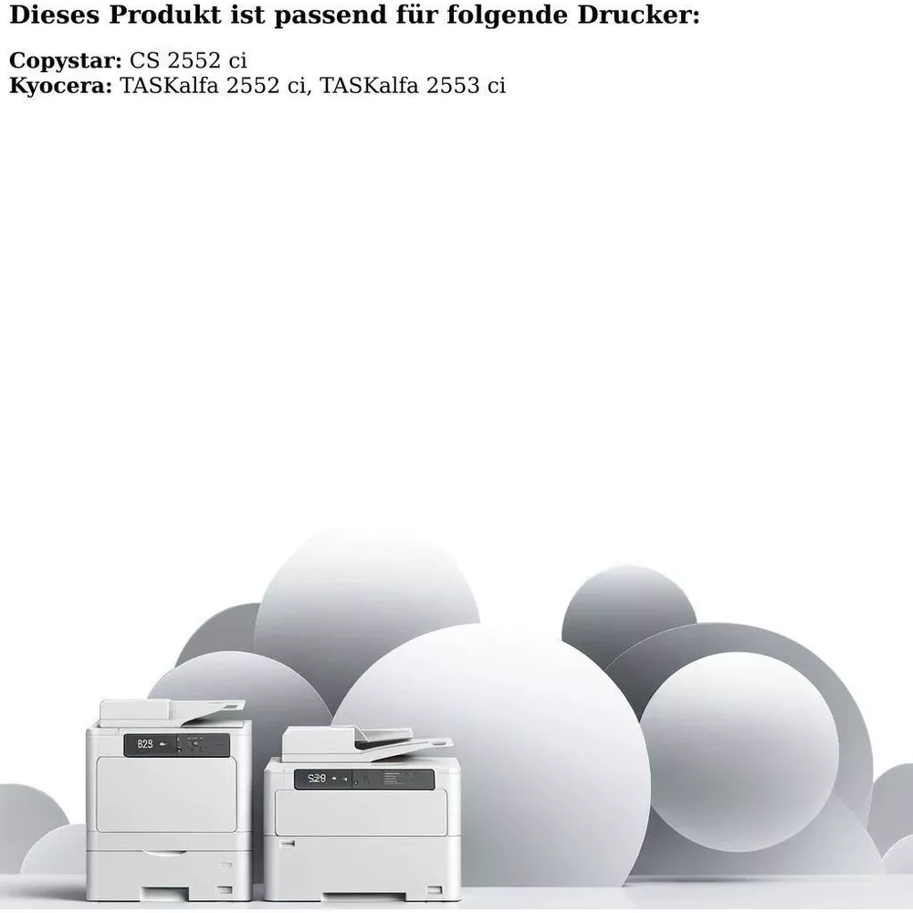 Zwei weiße Drucker stehen vor grauen Kreisen. Produkttext darüber.